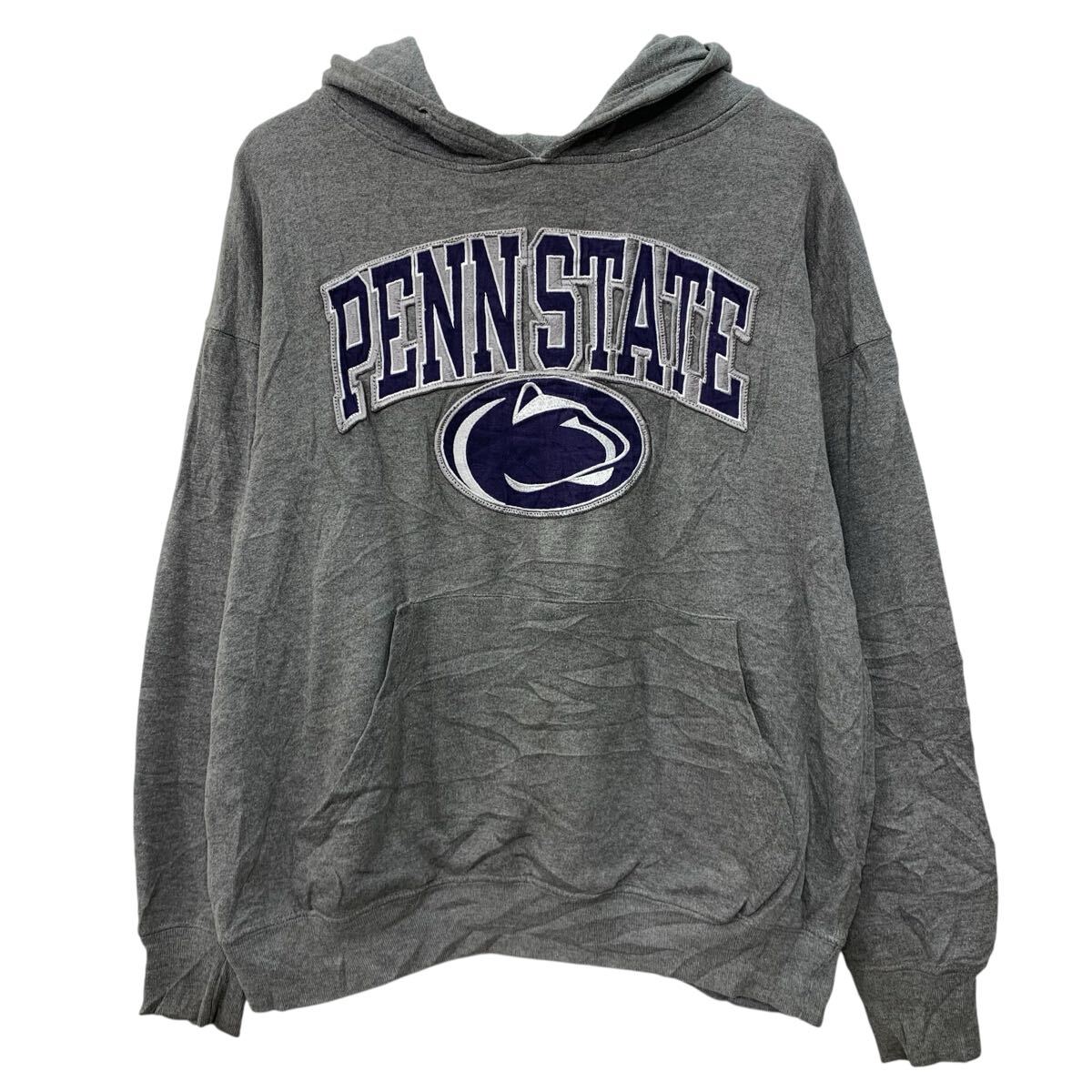 【中古】【古着】 カレッジスウェット パーカー M グレー パープル プルオーバー カレッジ フーディー ビックロゴ ワンポイント スウェット 春秋物 a803-5055