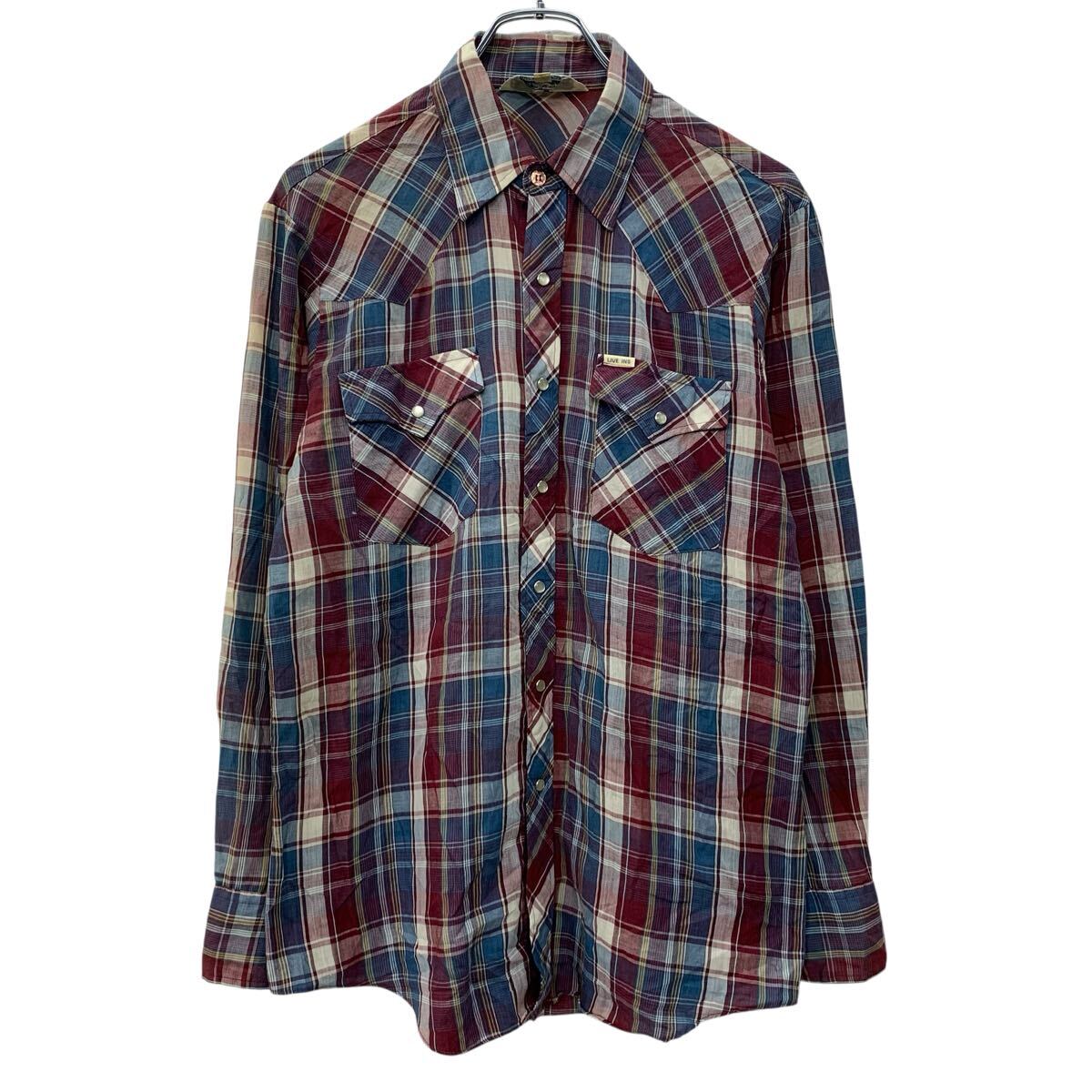 【中古】【古着】 70s〜 Levi's 長袖 チェックシャツ M レッド マルチカラー リーバイス スナップボタン 襟芯 ウエスタンシャツ 胸ポケット 春物 a803-5065