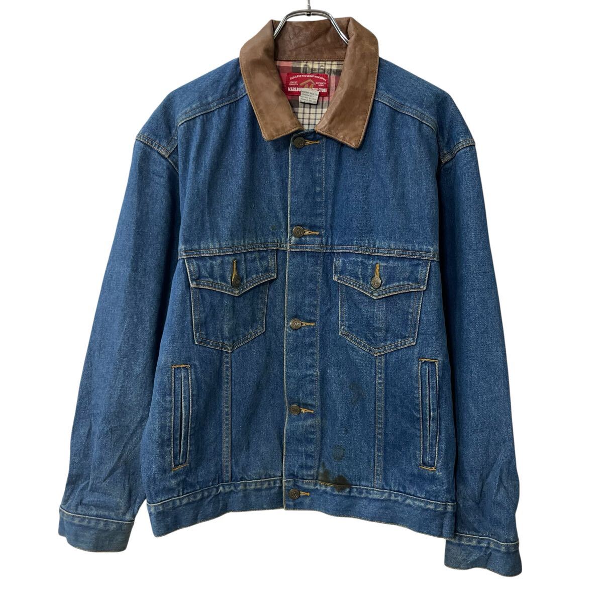 【中古】【古着】 MARLBORO COUNTRY STORE デニムジャケット M ブルー マルボロ 襟レザー ボタン 胸ポケット デニム アメカジ アウター 春秋物 a803-5074
