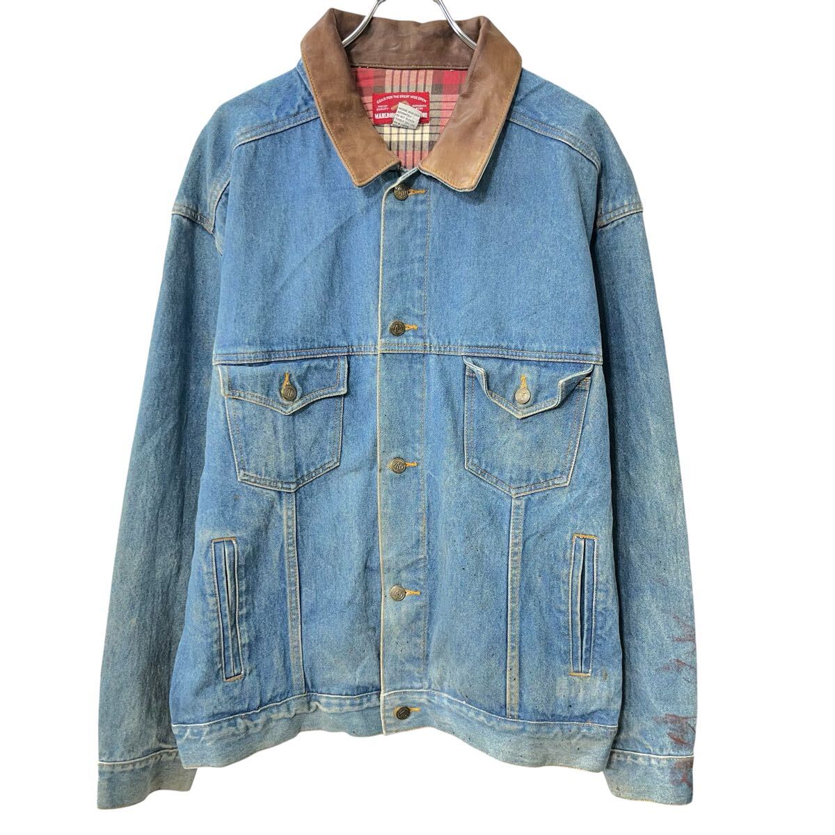【中古】【古着】 MARLBORO COUNTRY STORE デニムジャケット XL ブルー マルボロ 襟レザー ボタン 胸ポケット デニム アメカジ アウター 春秋物 a803-5075