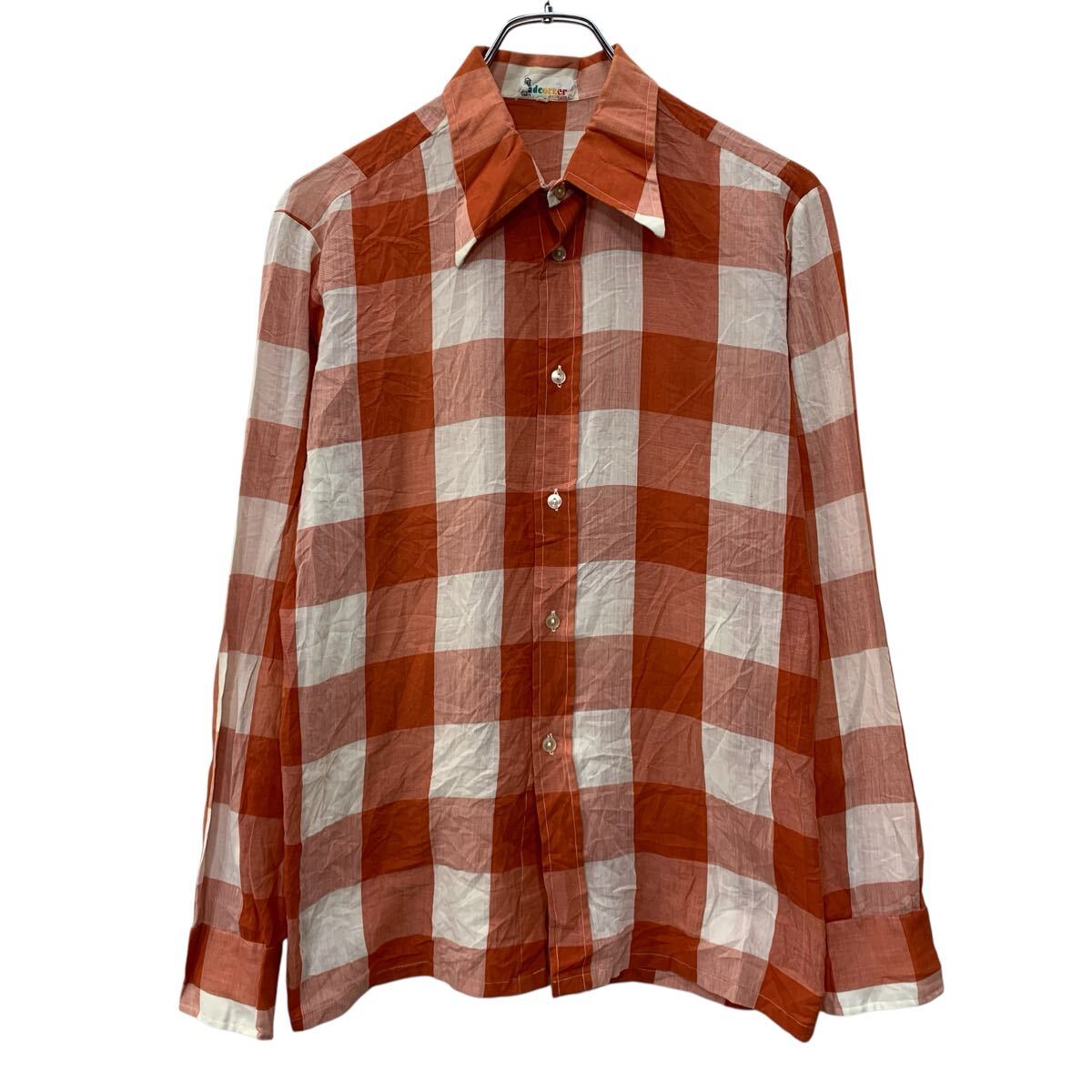 【中古】【古着】 70s～ 長袖 チェックシャツ S～ オレンジ ボタン 襟芯 70年代 チェック柄 シアーシャツ カジュアルシャツ 薄手 春物 a803-5083