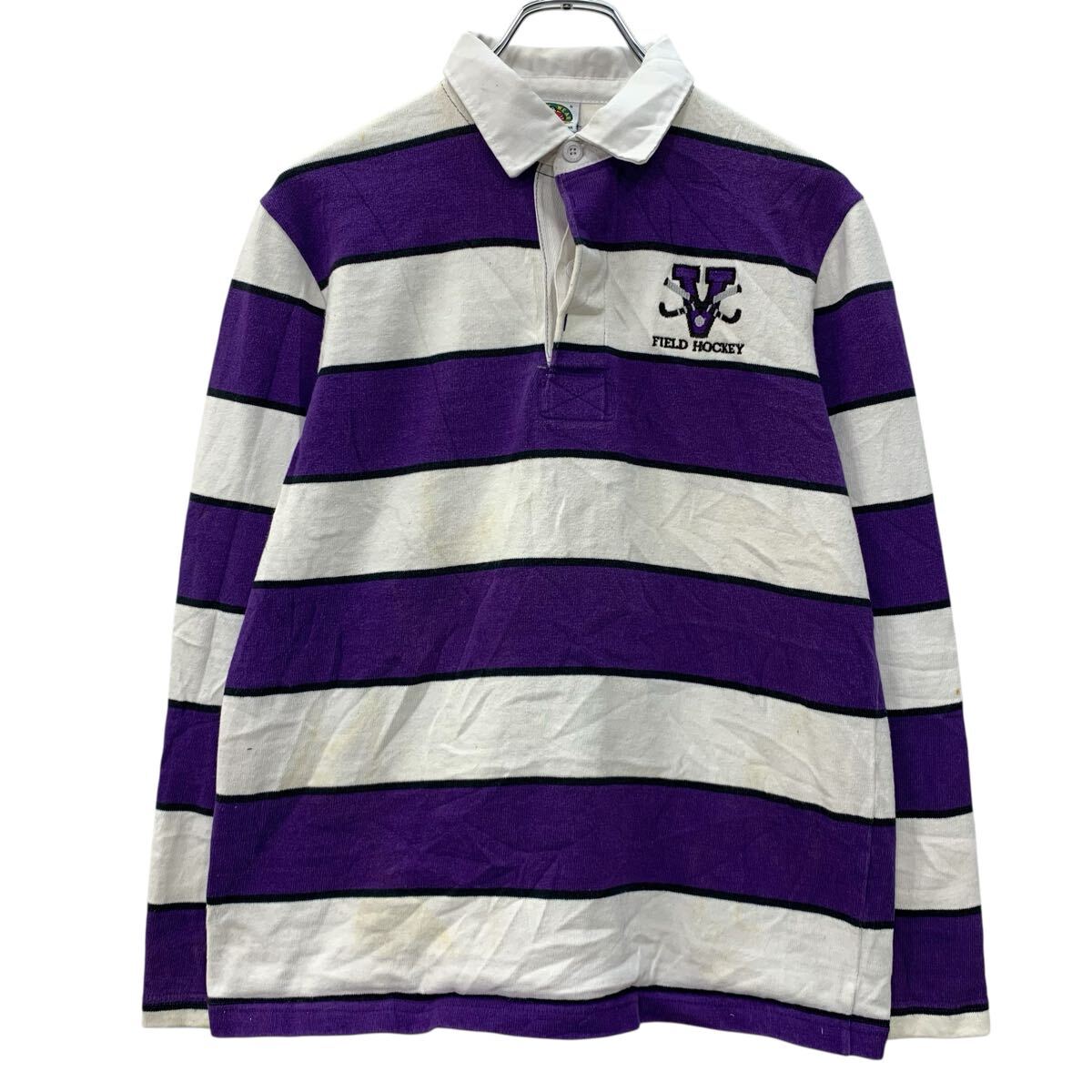 【中古】【古着】 BARBARIAN 長袖 ラガーシャツ L レディース ホワイト パープル バーバリアン ハーフボタン ボーダー柄 ワンポイント刺繍 春秋物 a803-5108