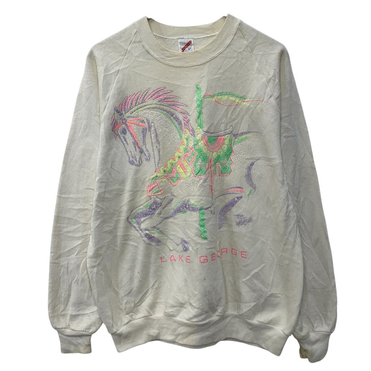 【中古】【古着】 USA製 JERZEES プリントスウェット トレーナー L ホワイト マルチカラー ジャージーズ プルオーバー ラグラン アニマル 春秋物 a803-5377
