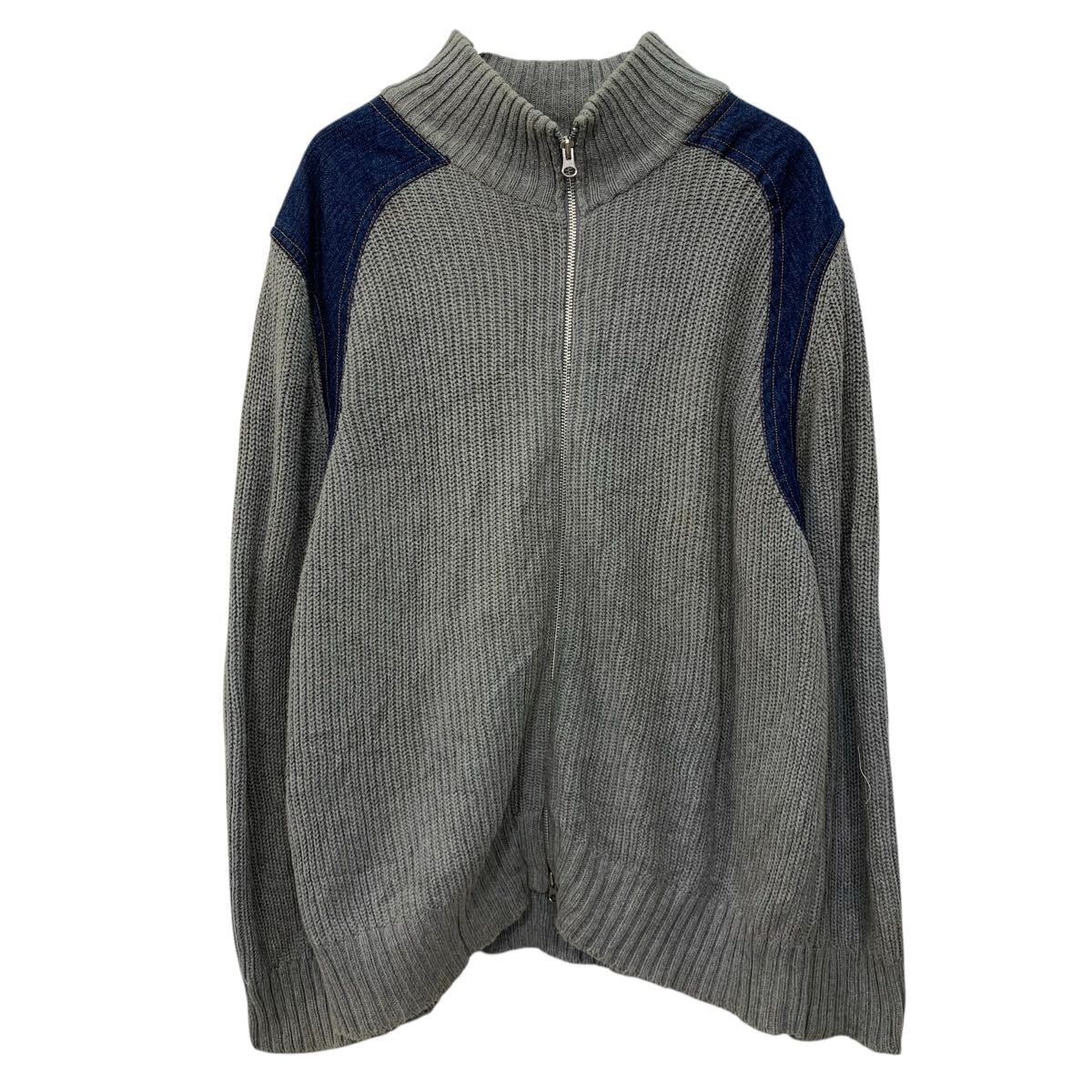 【中古】【古着】 CROSSING POINTE コットンニット セーター 3X グレー クロージングポイント ジップアップ ダブルジップ デニム 切替 春秋物 a803-5481