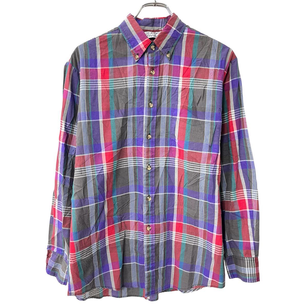 【中古】【古着】 M・A・I・N Spream 長袖 チェックシャツ L パープル マルチカラー ボタンダウン 胸ポケット チェック 長袖シャツ トップス 春物 a803-5531