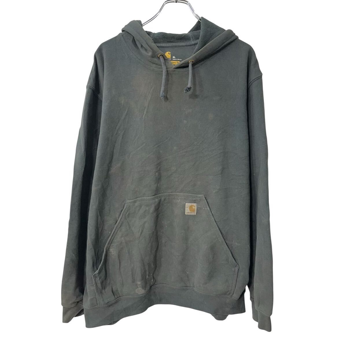 【中古】【古着】 メキシコ製 Carhartt ロゴスウェット パーカー XL ブラック カーハート プルオーバー フーディー アームプリント トップス 秋物 a803-5533