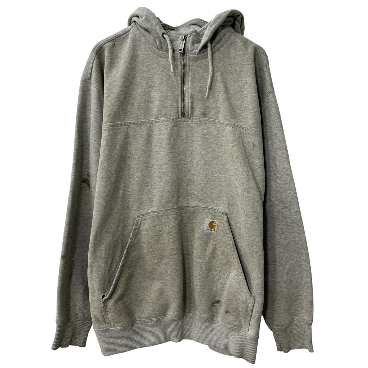 【中古】【古着】 メキシコ製 Carhartt ロゴスウェット パーカー XL グレー カーハート ハーフジップ フーディー プリント トップス 秋物 a803-5534