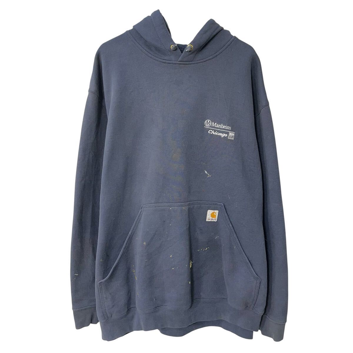 【中古】【古着】 Carhartt ロゴスウェット パーカー 3XL ネイビー カーハート プルオーバー フーディー ロゴ刺繍 ビッグサイズ トップス 秋物 a803-5535