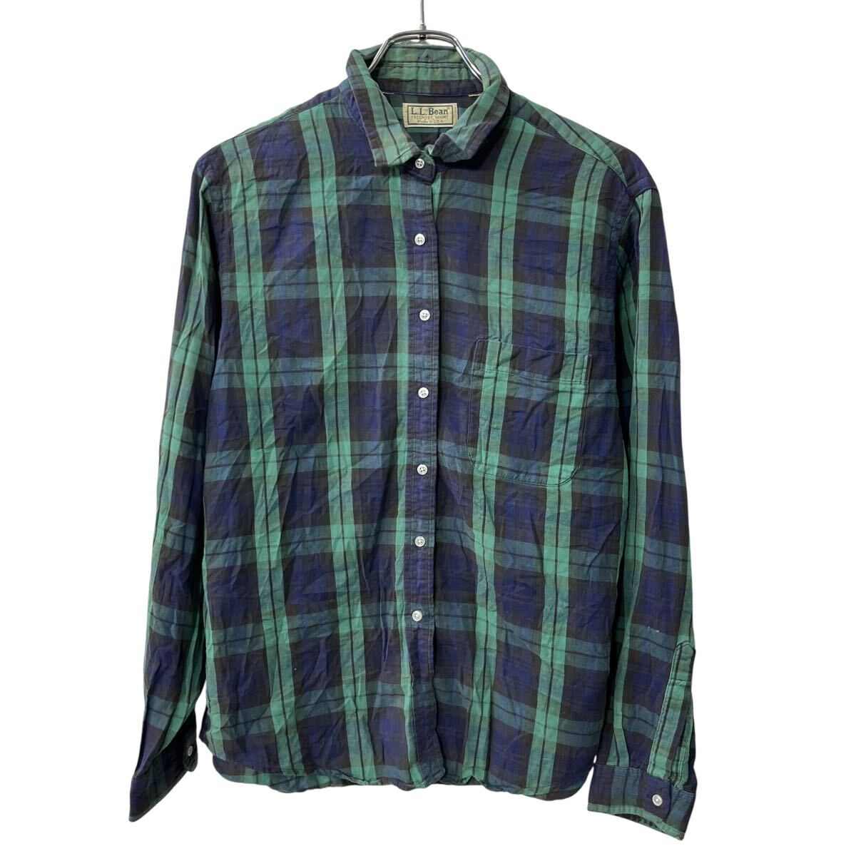 【中古】【古着】 80～90s USA製 L.L.Bean 長チェックシャツ S～ グリーン ネイビー エルエルビーン ボタン ～90年代 ブラックウォッチ 春秋物 a803-5536