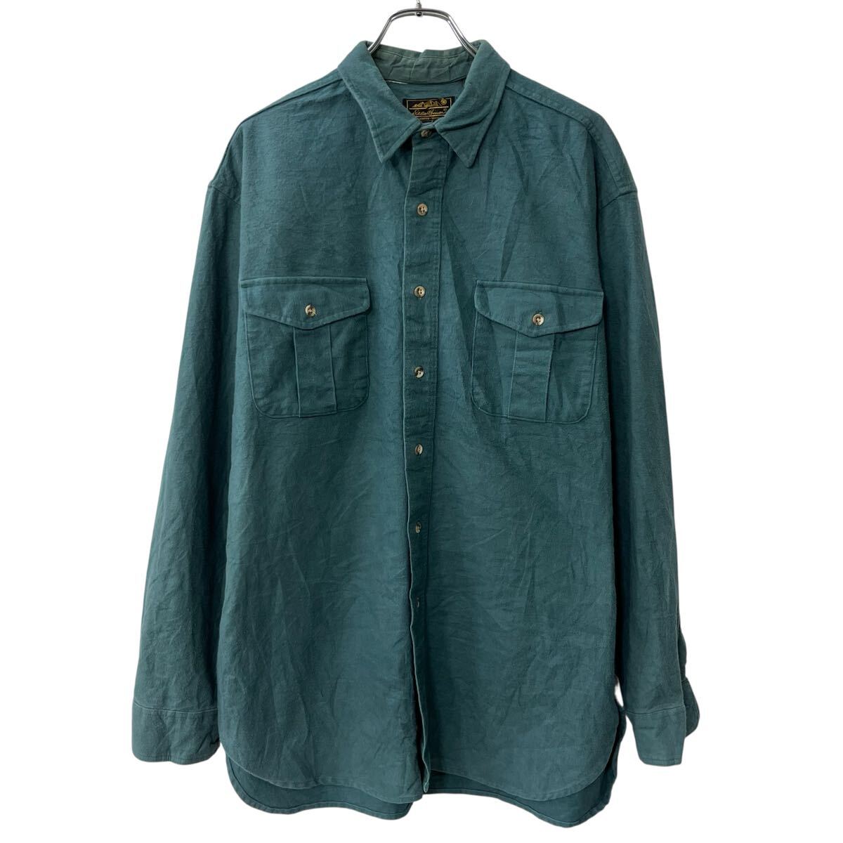 【中古】【古着】 80～90s USA製 L.L.Bean 長袖 無地シャツ L グリーン エルエルビーン ボタン ～90年代 黒タグ シャモアクロス フランネル 春秋物 a803-5538