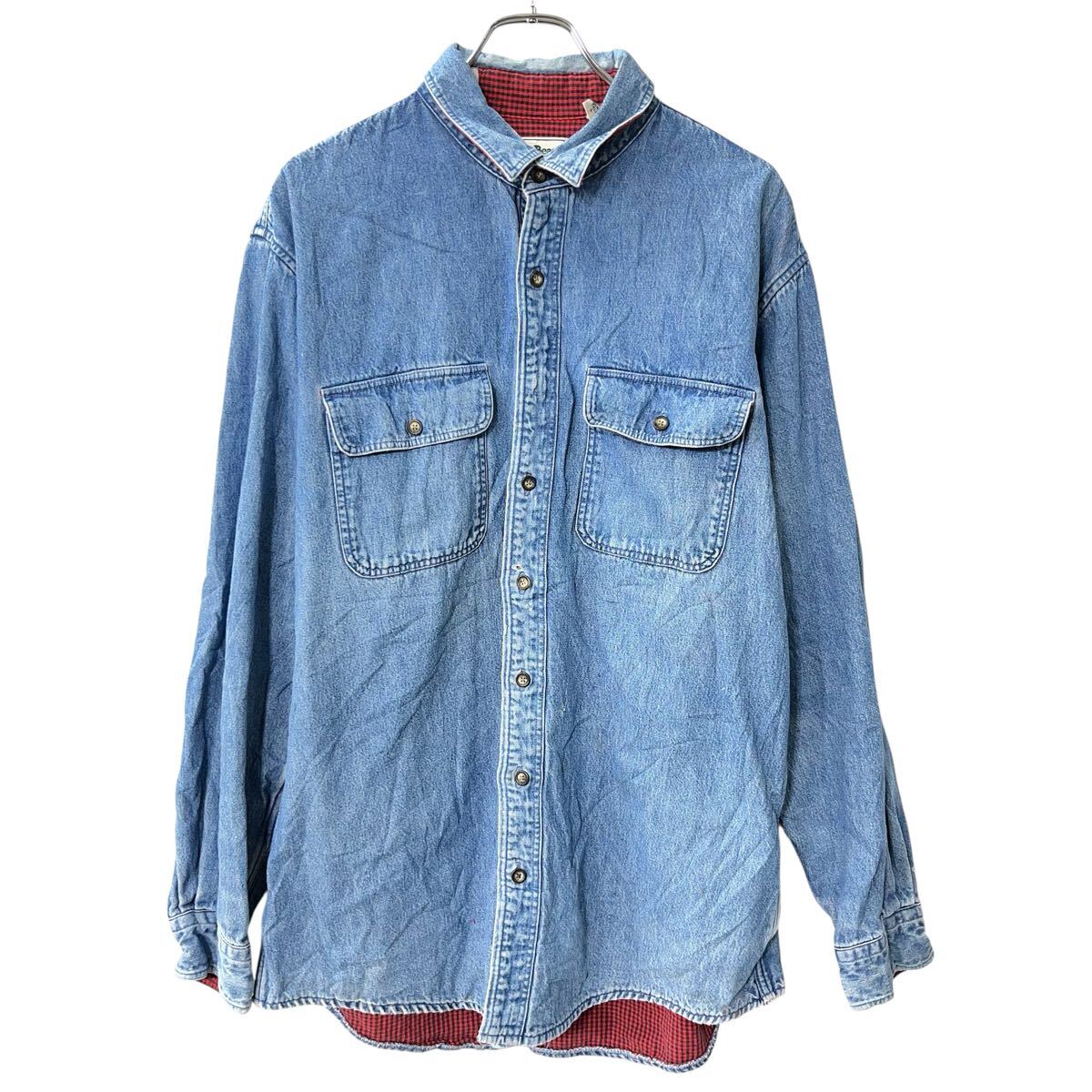 【中古】【古着】 ～90s USA製 L.L.Bean 長袖 デニムシャツ L ブルー エルエルビーン ボタン 90年代 裏地チェック 胸ポケット カジュアル 春秋物 a803-5539