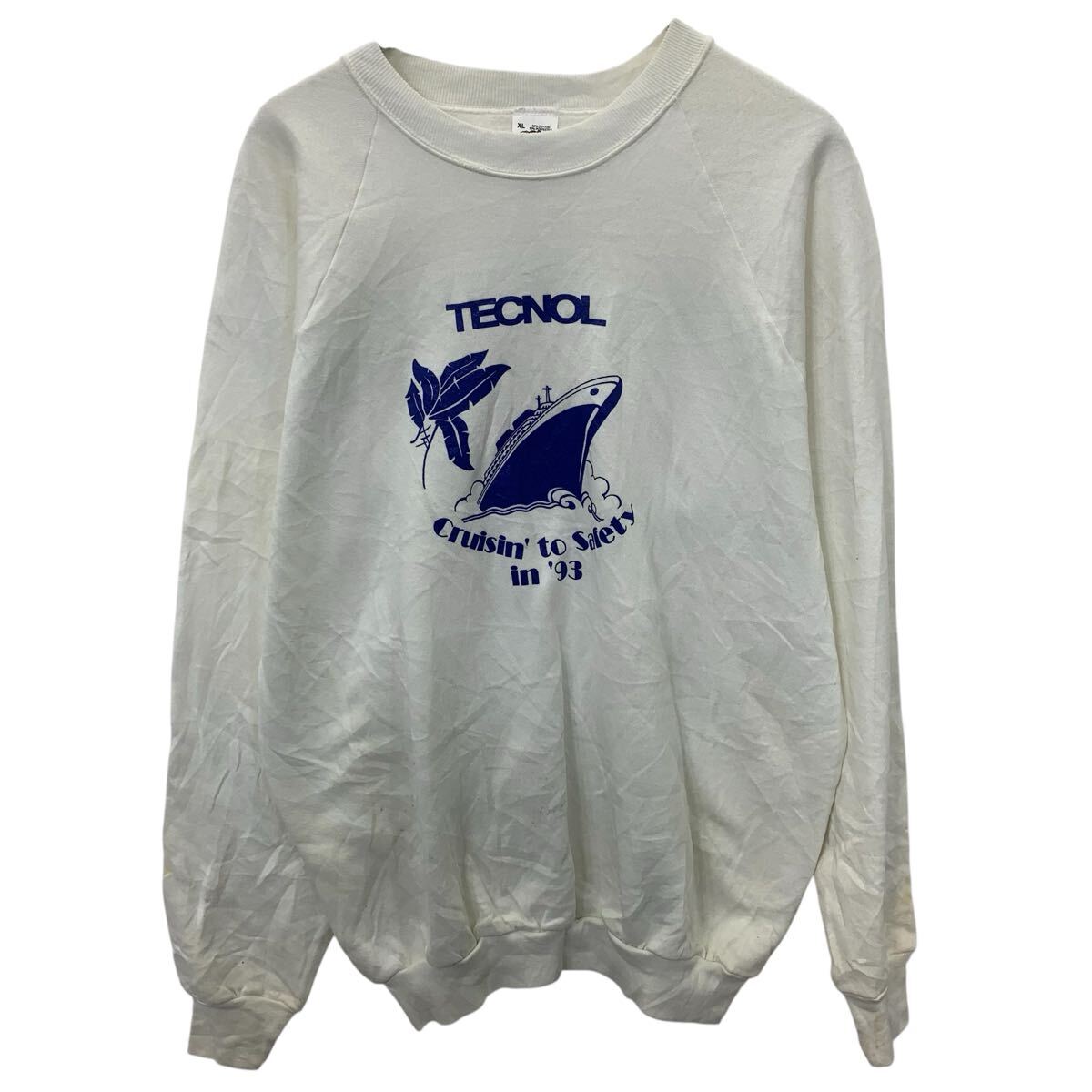 【中古】【古着】 FRUIT OF THE LOOM プリントスウェット トレーナー XL ホワイト フルーツオブザルーム ビッグプリント ラグラン トップス 春秋物 a803-5633