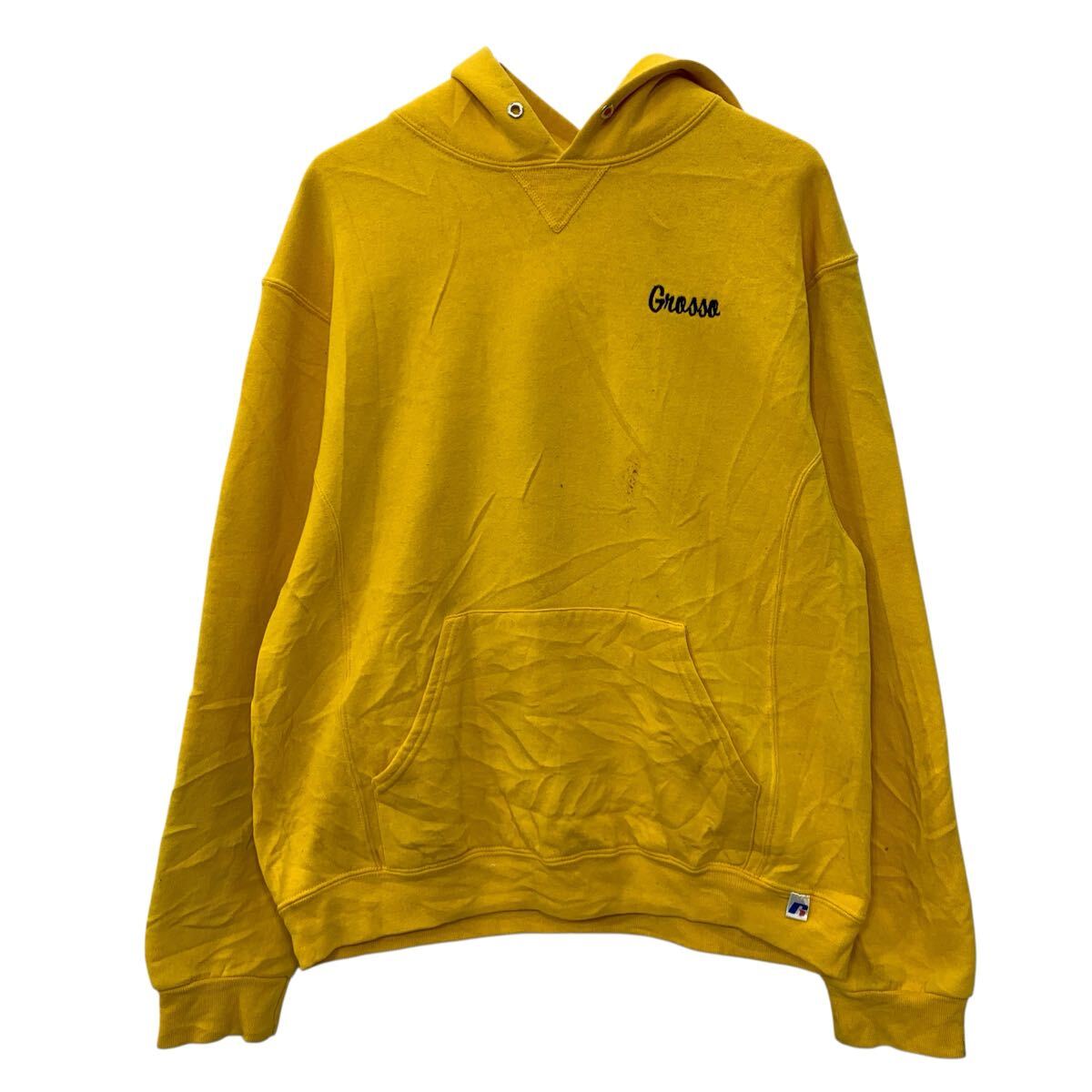 Rakuten - 【中古】【古着】 RUSSELL ATHLETIC ロゴスウェット パーカー M イエロー ラッセルアスレティック プルオーバー フーディー バックプリント 秋物 a803-5748