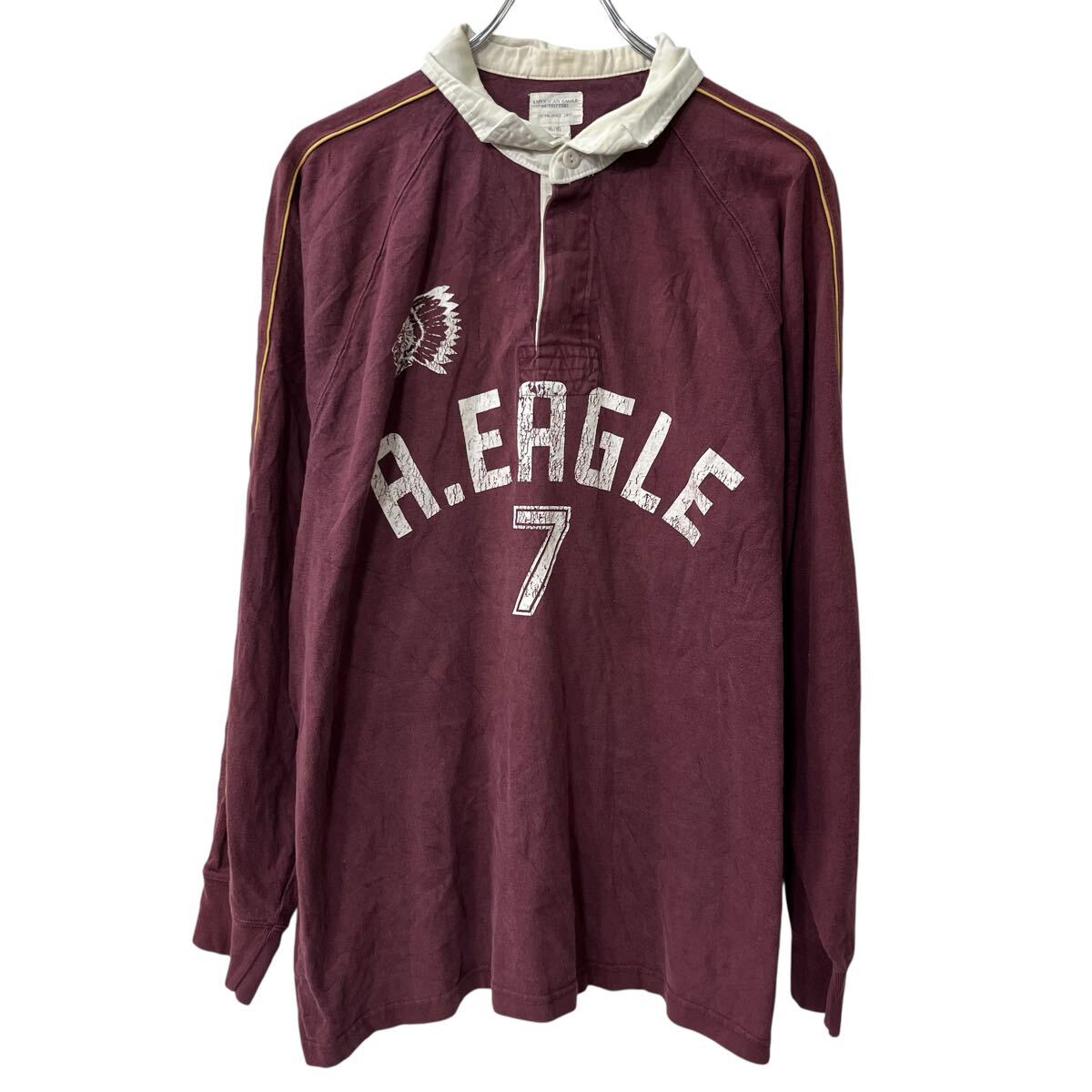 【中古】【古着】 AMERICAN EAGLE OUTFITTERS 長袖 プリントポロシャツ XL ワインレッド プルオーバー ラガーシャツ ラグラン トップス 秋物 a803-5792