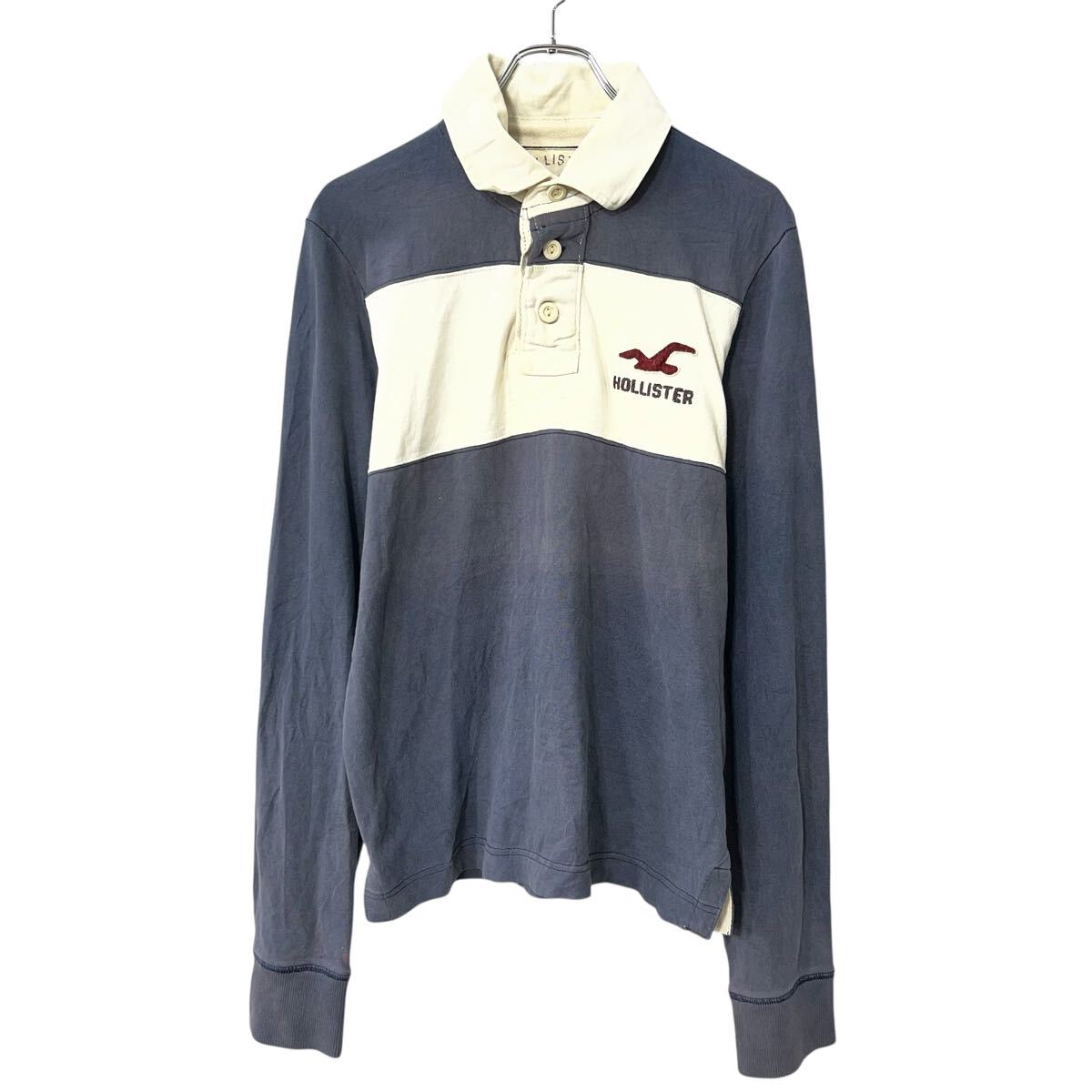 【中古】【古着】 HOLLISTER 長袖 ボーダーポロシャツ M ブルーグレー ホリスター ハーフボタン ラガーシャツ コットン トップス 秋物 a803-5793
