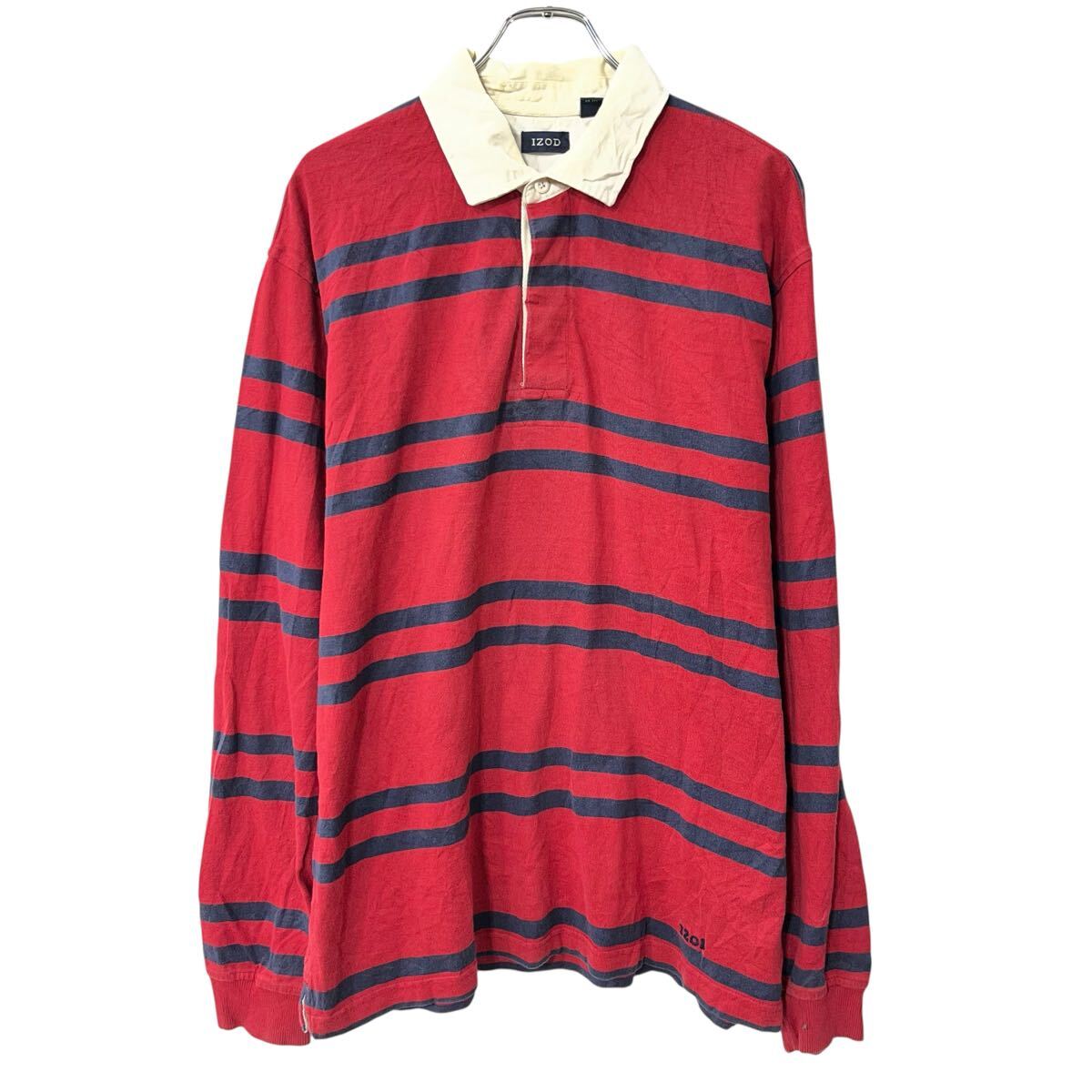 【中古】【古着】 IZOD 長袖 ボーダーポロシャツ L レッド ネイビー アイゾッド ハーフボタン ラガーシャツ コットン トップス 秋物 a8..