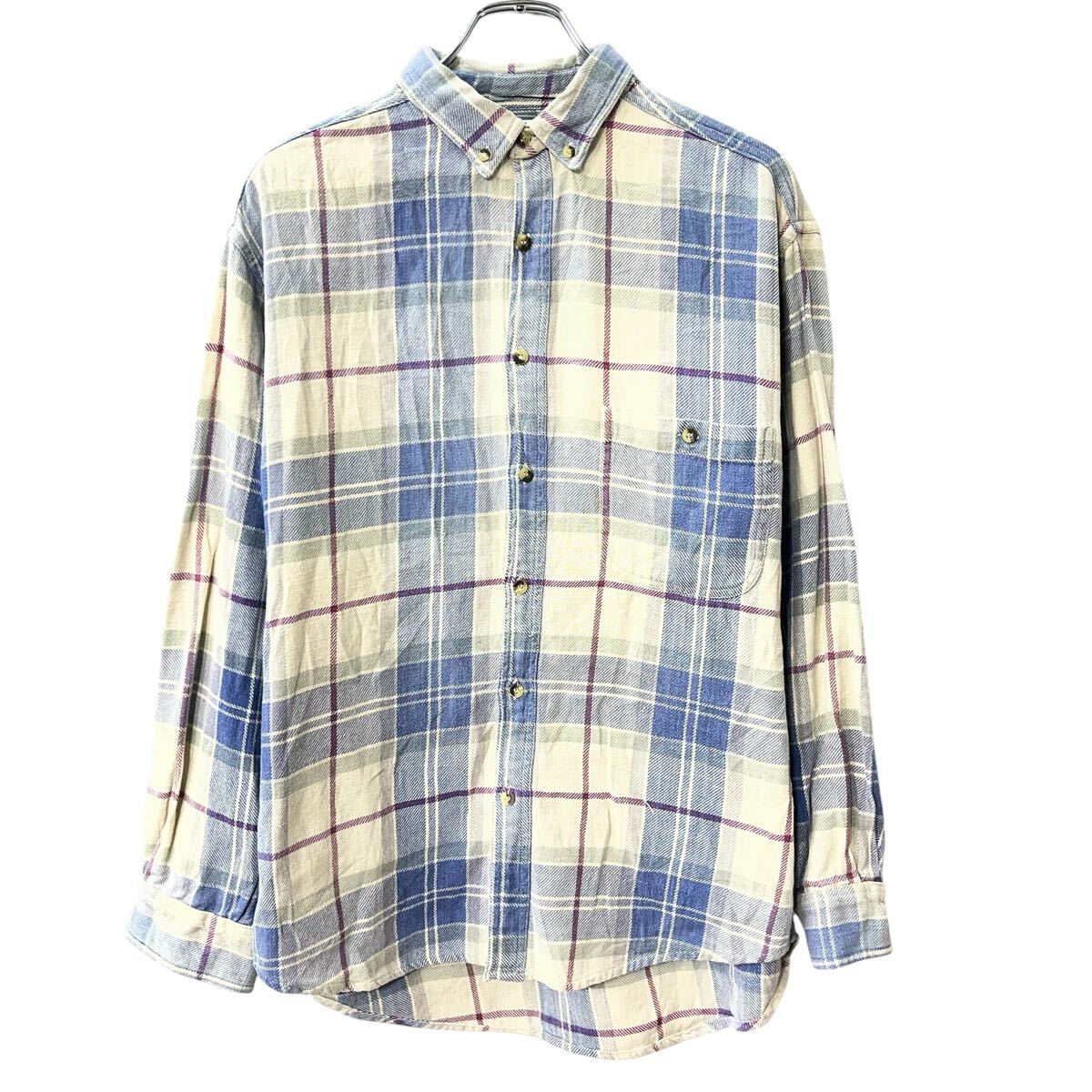 【中古】【古着】 DOUBLE IMPACT 長袖 チェックシャツ L〜 アイボリー ブルー マルチカラー ボタンダウン チェック柄 胸ポケット 長袖シャツ 秋物 a803-5803