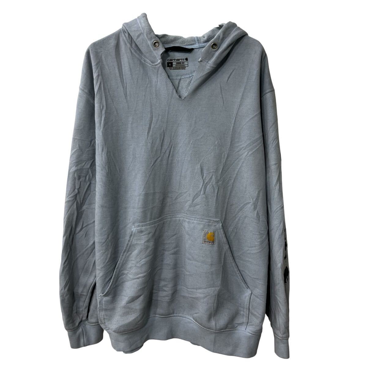 樂天商城 - 【中古】【古着】 Carhartt ロゴスウェット パーカー XL ライトブルー カーハート プルオーバー フーディー スリーブプリント トップス 秋物 a803-5910