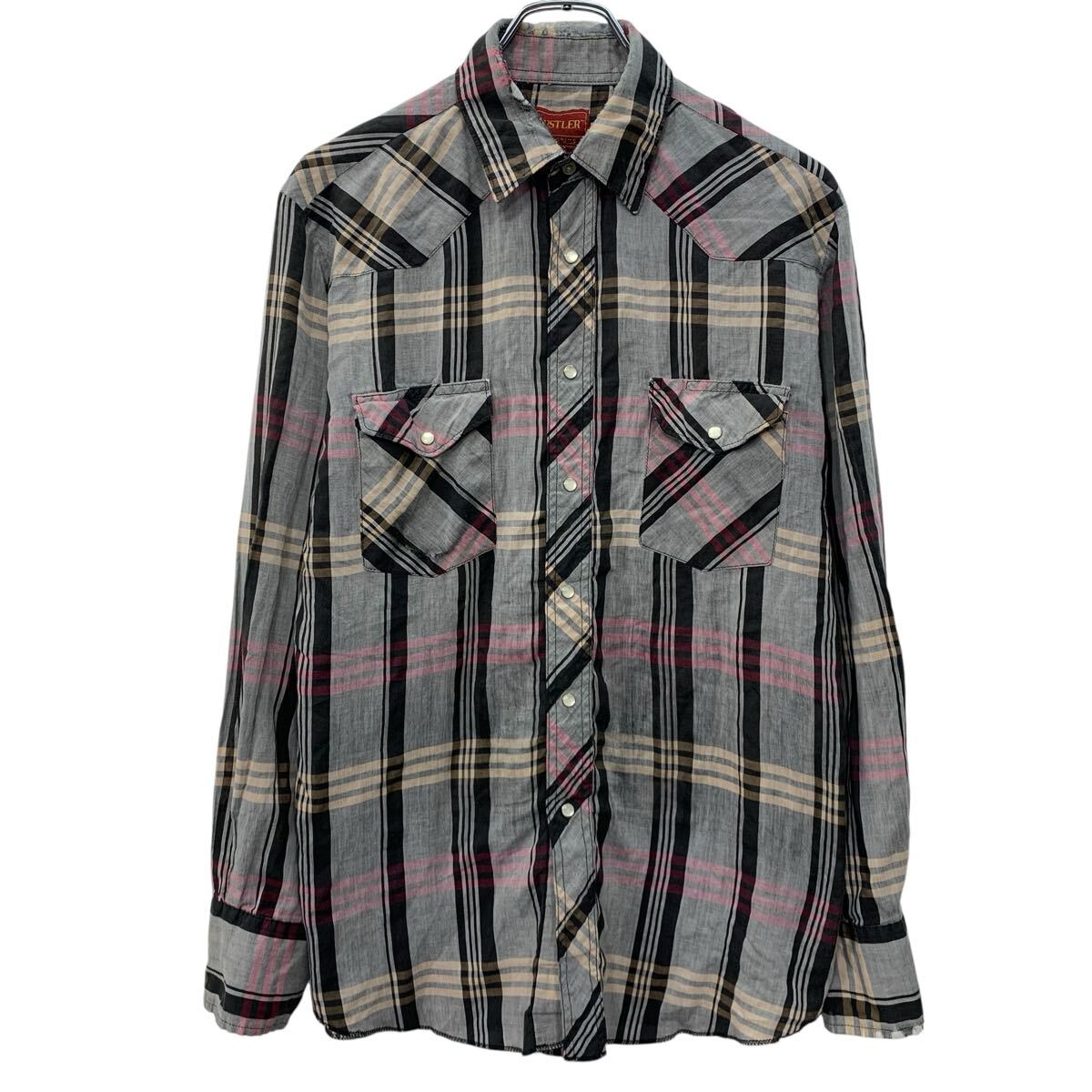  RUSTLER 長袖 チェックシャツ XL グレー マルチカラー スナップボタン ウエスタンシャツ チェック柄 薄手 胸ポケット 春物 a803-6016