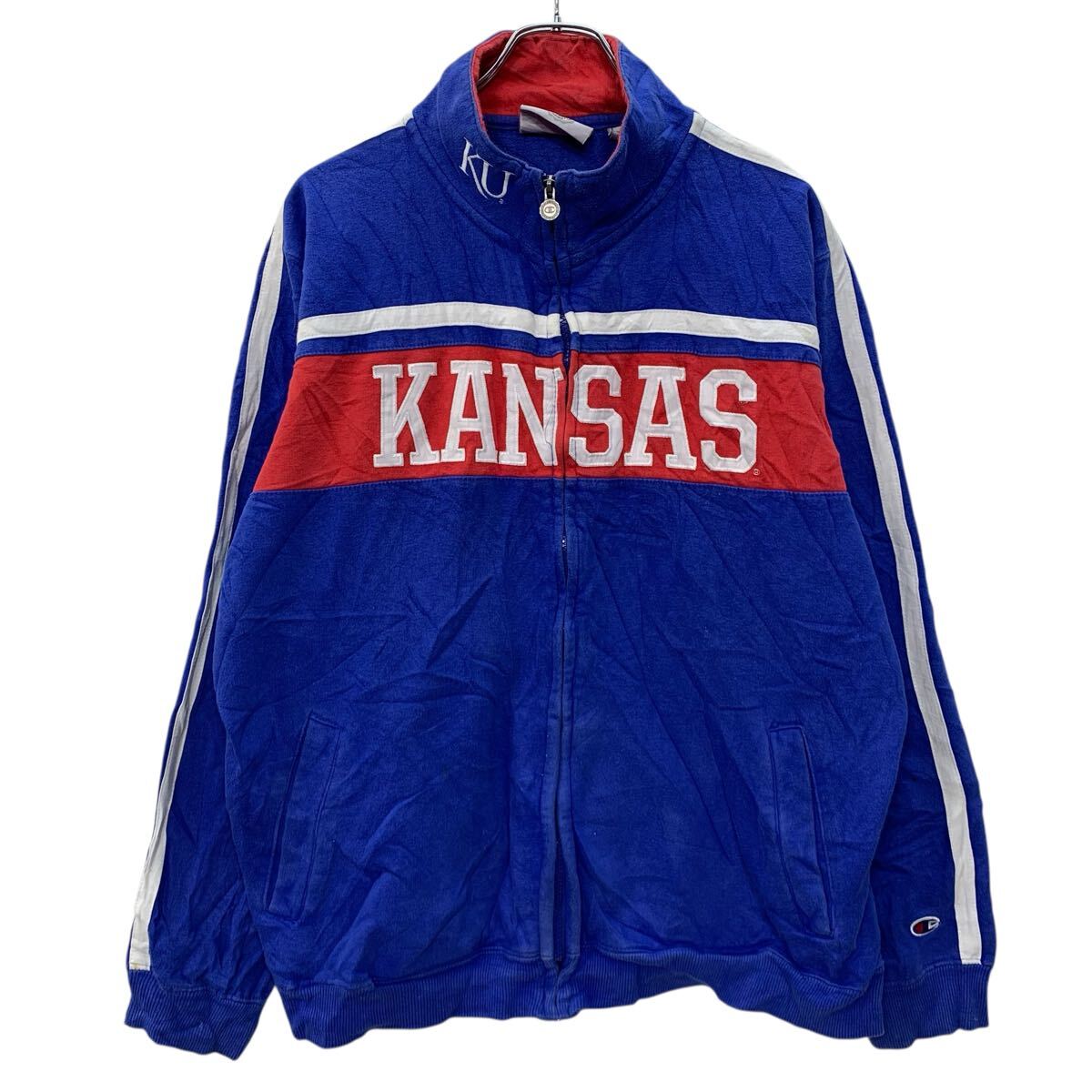 Sweat - 【中古】【古着】 Champion ロゴスウェット トレーナー XL ブルー レッド チャンピオン ジップアップ アームライン ワンポイント 春秋物 a803-6073