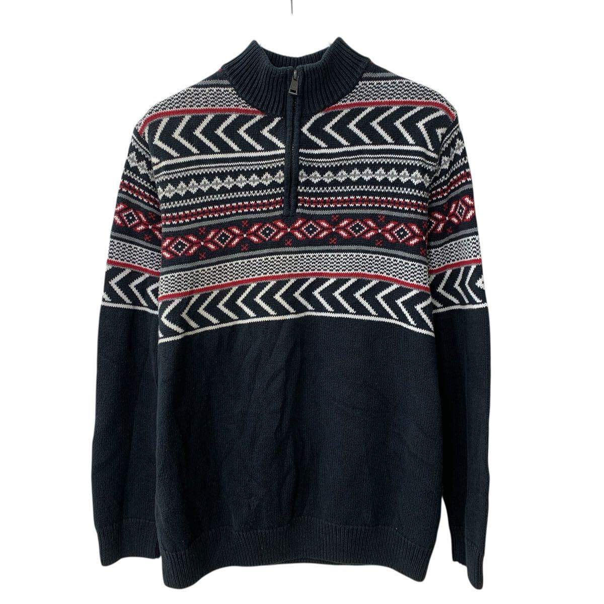 【中古】【古着】 CHAPS コットンニット セーター M ブラック マルチカラー チャップス ハーフジップ ノルディック柄 トップス 秋冬物 a803-6091