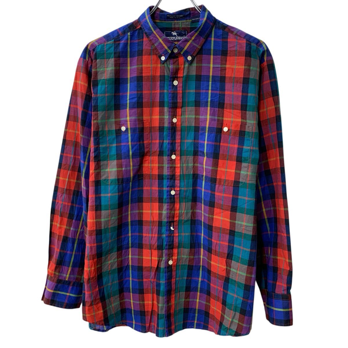 【中古】【古着】 STEEPLECHASE 長袖 チェックシャツ L レッド マルチカラー ボタンダウン チェック柄 胸ポケット 長袖シャツ 春物 a80..