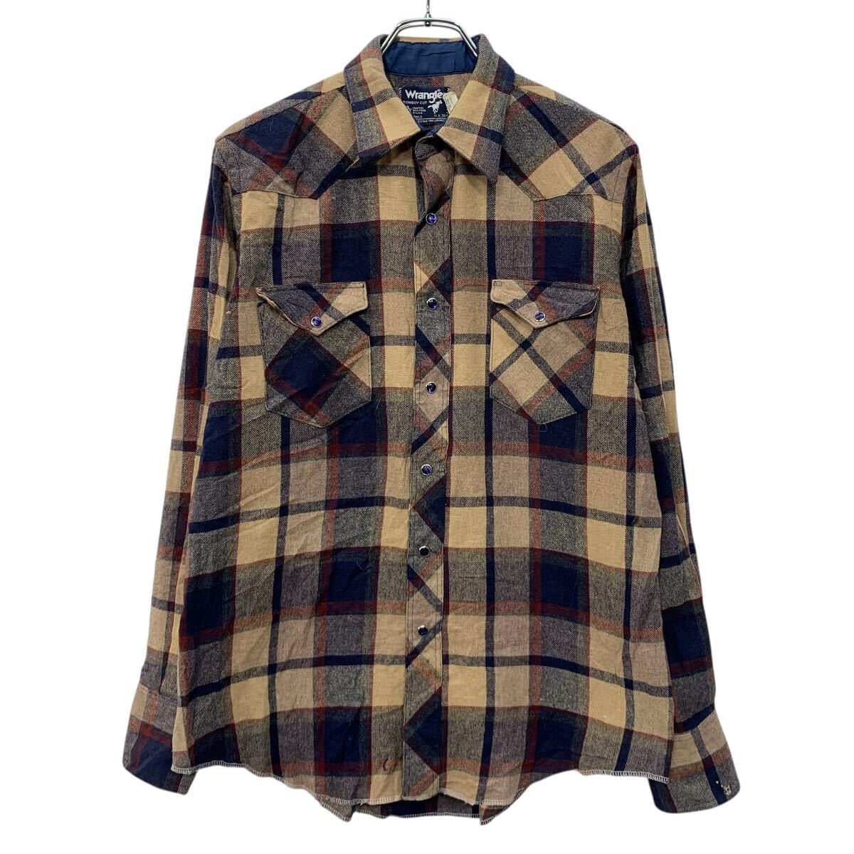  90s USA製 Wrangler 長袖 フランネルシャツ L ベージュ ラングラー スナップボタン 90年代 ホースタグ チェック柄 秋物 a803-6327