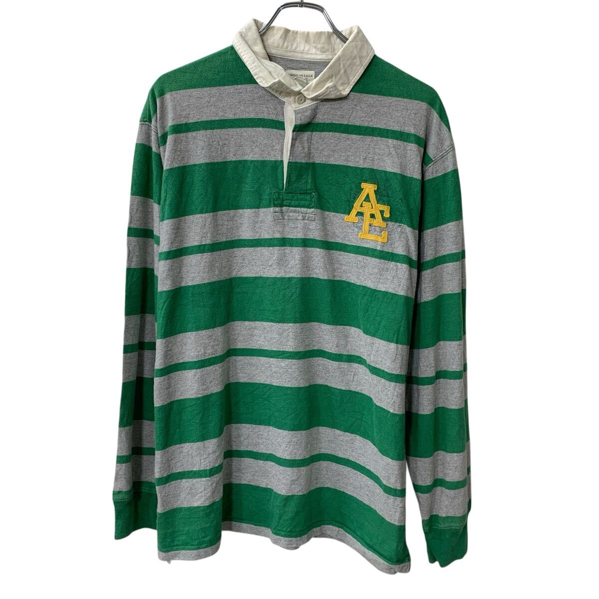 【中古】【古着】 AMERICAN EAGLE OUTFITTERS 長袖 ボーダー ラガーシャツ XL グリーン グレー ハーフボタン ポロシャツ ロゴ刺繍 トップス 春物 a803-6356