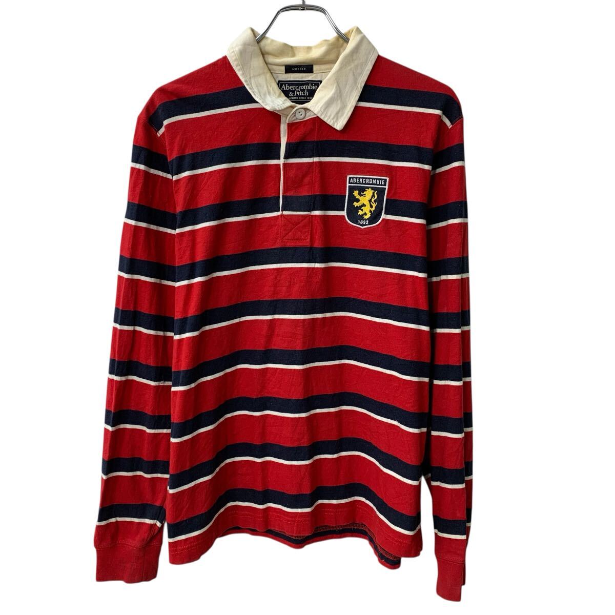 【中古】【古着】 Abercrombie&Fitch 長袖 ボーダー ラガーシャツ M レッド マルチカラー ハーフボタン ボーダー ポロシャツ ロゴ刺繍 秋物 a803-6359
