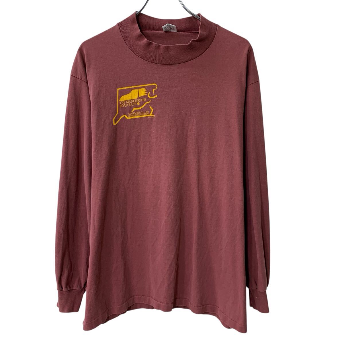 【中古】【古着】 90s〜 USA製 anvil 長袖 プリントTシャツ XL レッド系 アンビル モックネック 90年代〜 ワンポイント 93年製 ランナー 春物 a803-6505