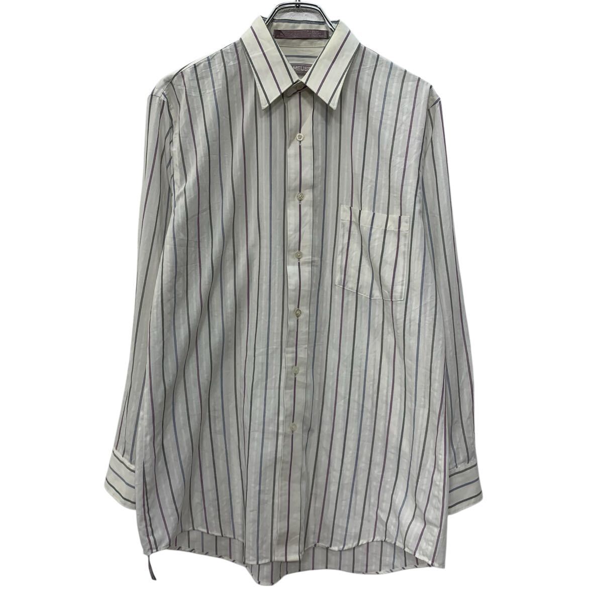 【中古】【古着】 VAN HEUSEN 長袖 ストライプシャツ M ホワイト マルチカラー ボタン 襟芯 胸ポケット ストライプ柄 シンプル 春秋物 ..