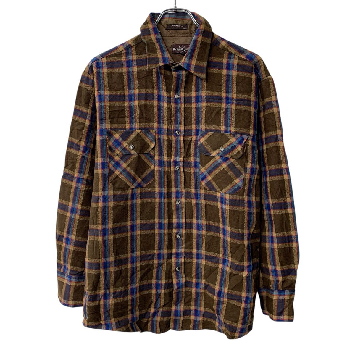 【中古】【古着】 northwest Territory 長袖 ネルシャツ L ブラウン マルチカラー ボタン 胸ポケット チェック柄 アクリル 長袖シャツ 春秋物 a803-6754