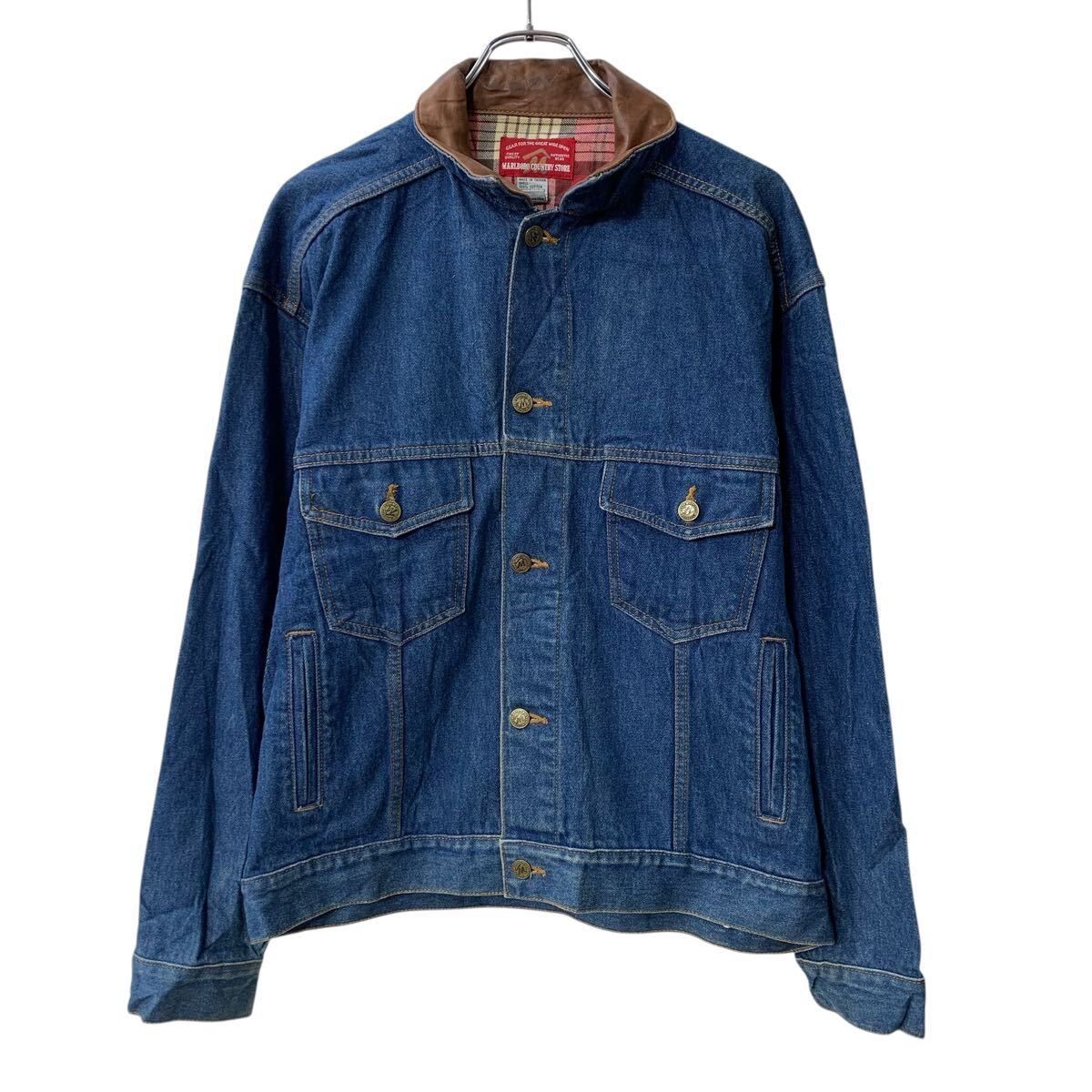【中古】【古着】 MARLBORO COUNTRY STORE デニムジャケット M インディゴブルー マルボロカントリーストア ボタン 襟レザー アメカジ 春秋物 a804-5001