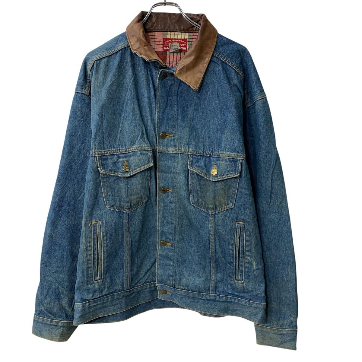 【中古】【古着】 MARLBORO COUNTRY STORE デニムジャケット XL インディゴブルー マルボロカントリーストア ボタン 襟レザー アメカジ 春秋物 a804-5002