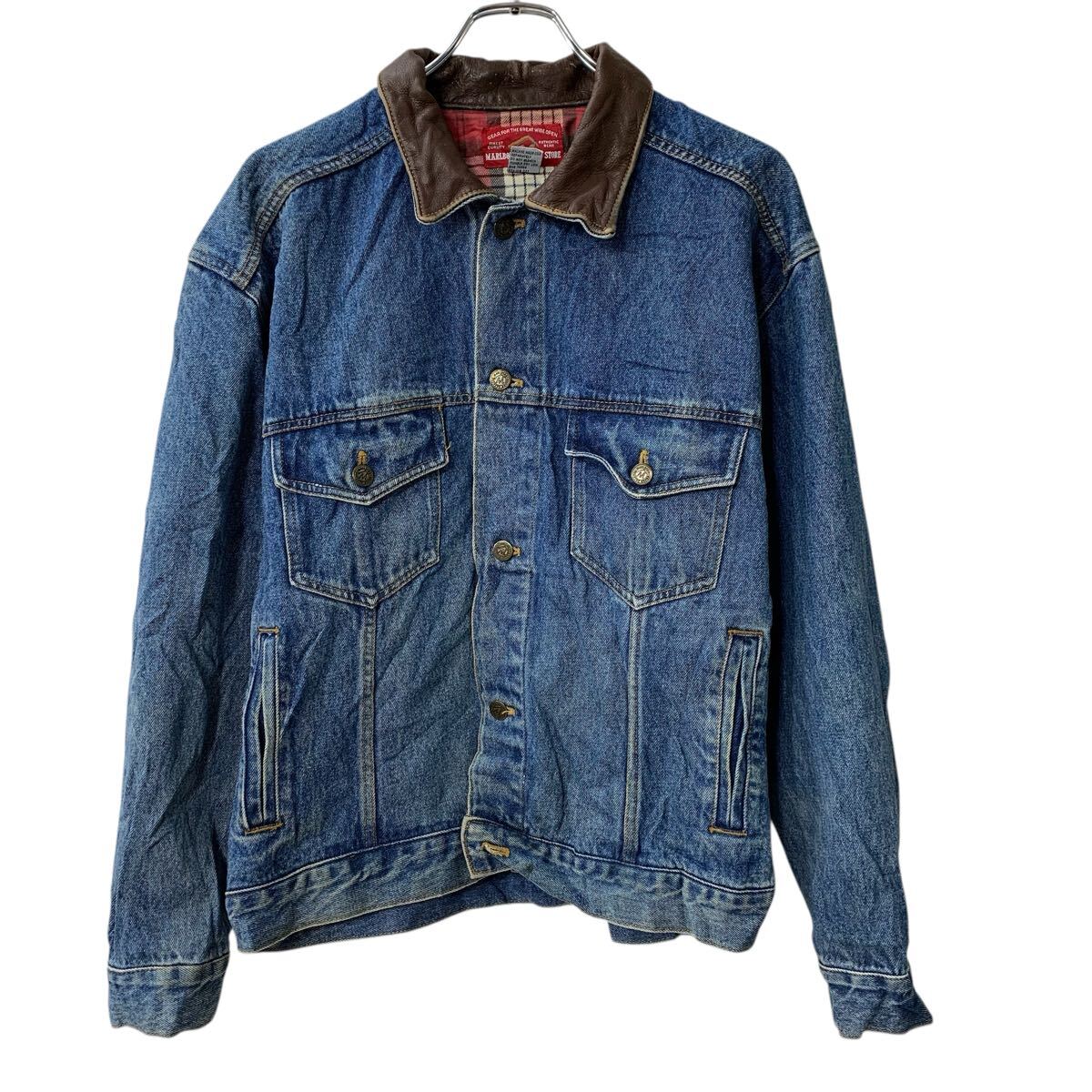 【中古】【古着】 MARLBORO COUNTRY STORE デニムジャケット M インディゴブルー マルボロカントリーストア ボタン 襟レザー アメカジ 春秋物 a804-5003