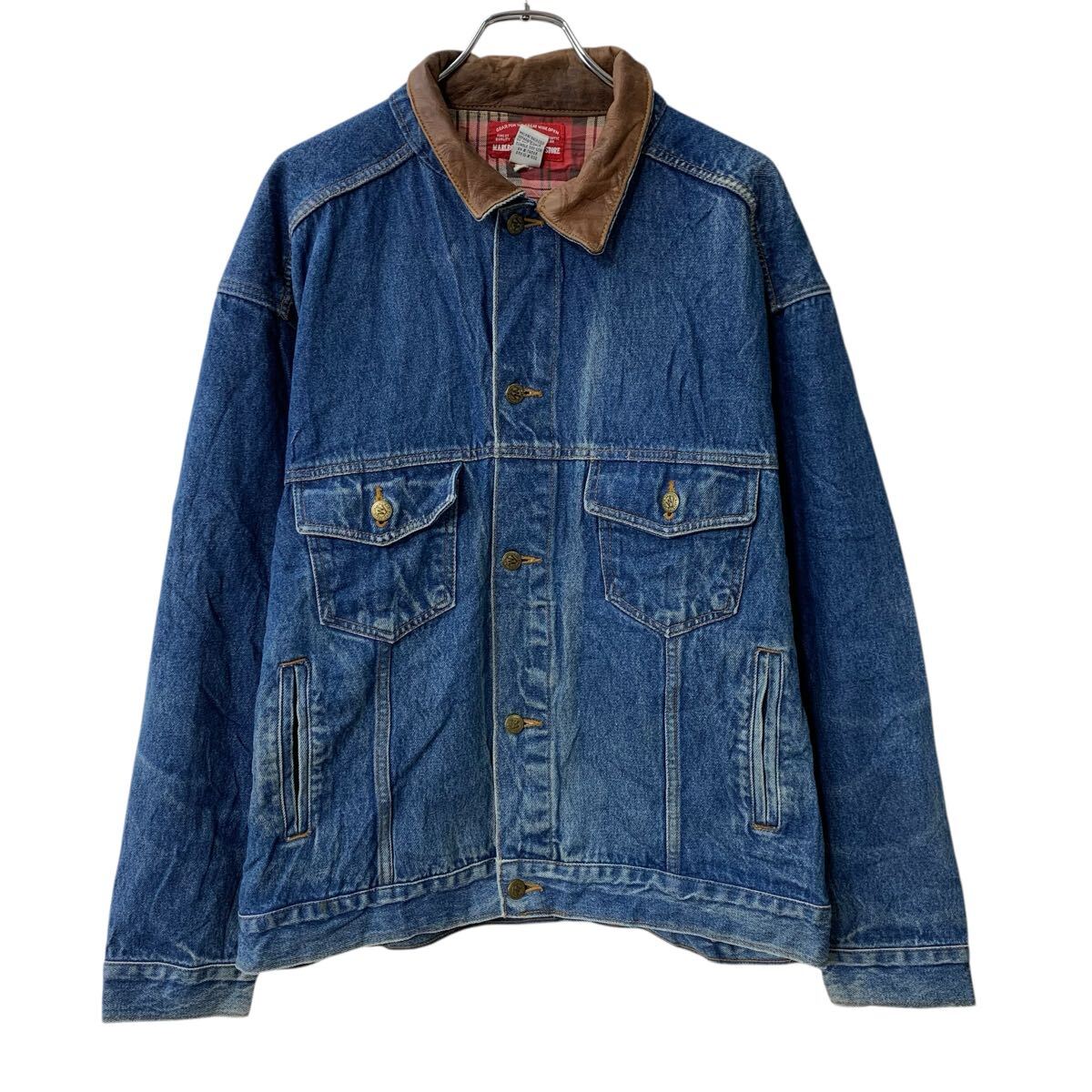 【中古】【古着】 MARLBORO COUNTRY STORE デニムジャケット XL インディゴブルー マルボロカントリーストア ボタン 襟レザー アメカジ 春秋物 a804-5004