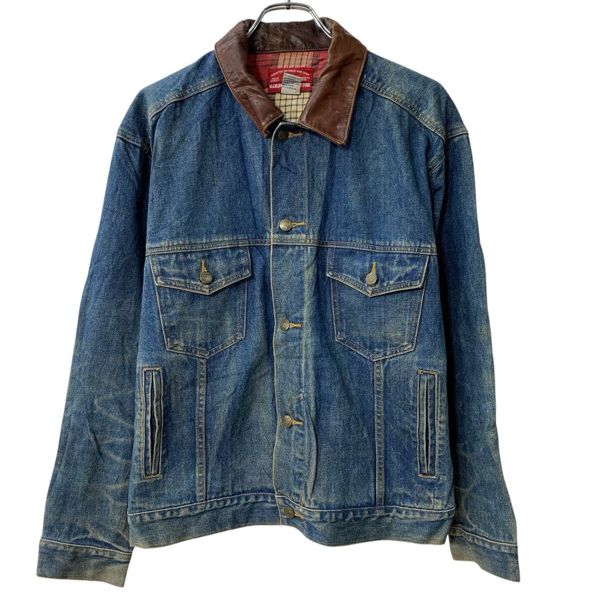 【中古】【古着】 MARLBORO COUNTRY STORE デニムジャケット S インディゴブルー マルボロカントリーストア ボタン 襟レザー アメカジ 春秋物 a804-5005