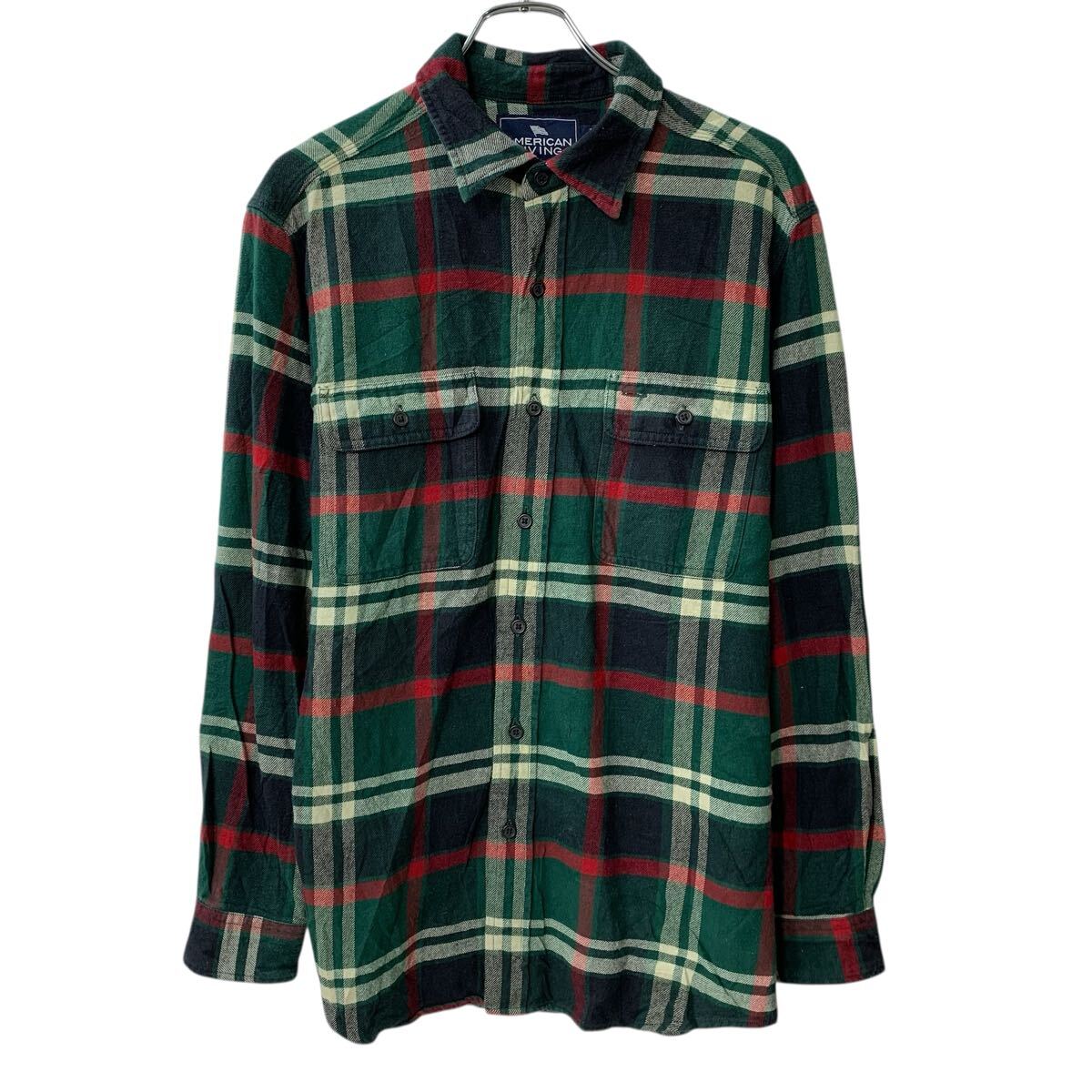 休闲衫 - 【中古】【古着】 AMERICAN LIVING 長袖 フランネルシャツ M グリーン マルチカラー ボタン チェック柄 胸ポケット 長袖シャツ トップス 春秋物 a804-5082