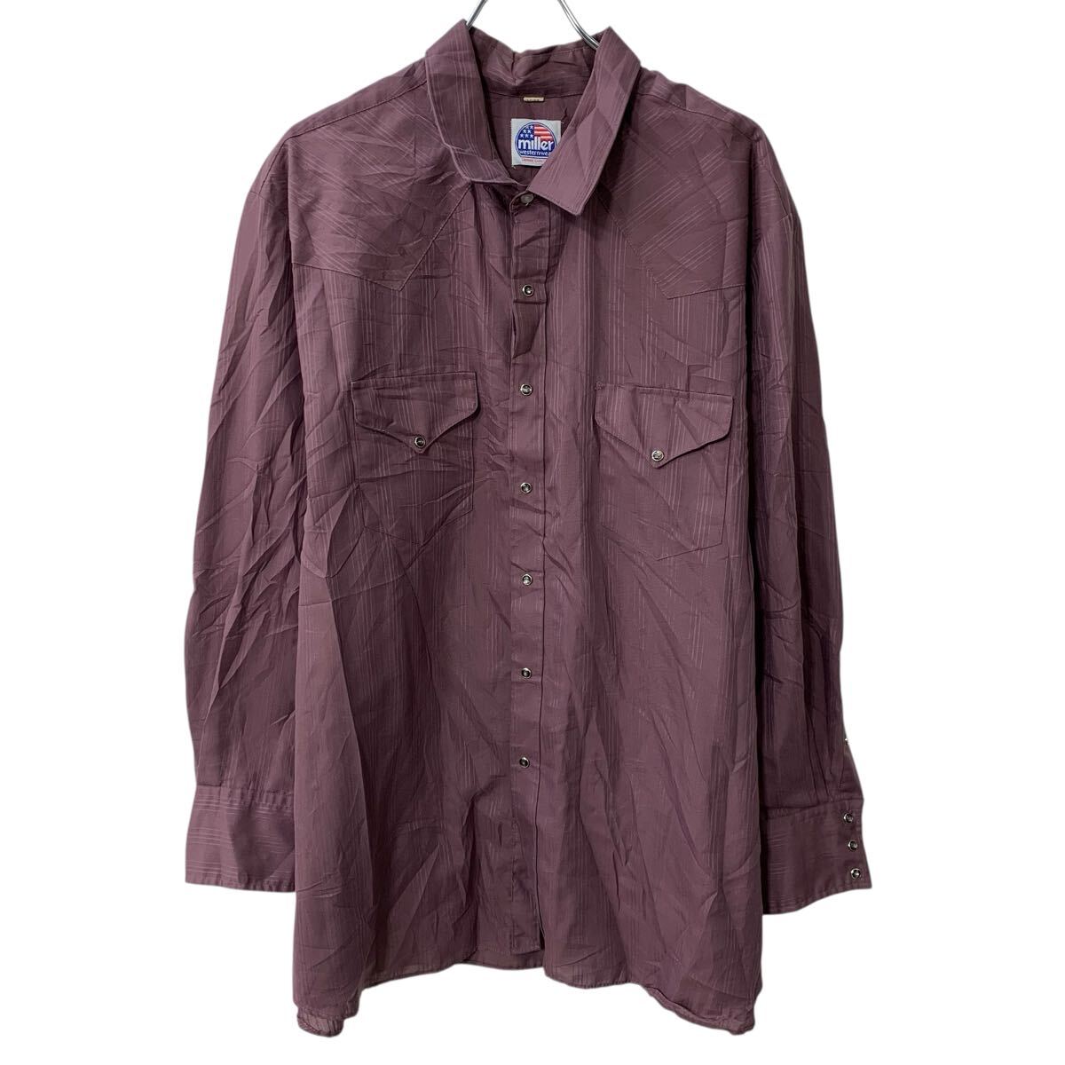 【中古】【古着】 miller 長袖 ウエスタンシャツ XL〜 パープル スナップボタン 胸ポケット 襟芯 ストライプ 長袖シャツ トップス 春物..