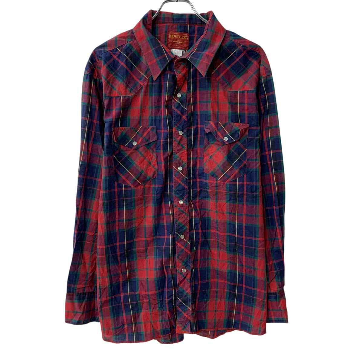  RUSTLER 長袖 ウエスタンシャツ 2XL レッド マルチカラー スナップボタン チェック柄 胸ポケット チェックシャツ 春物 a804-5252
