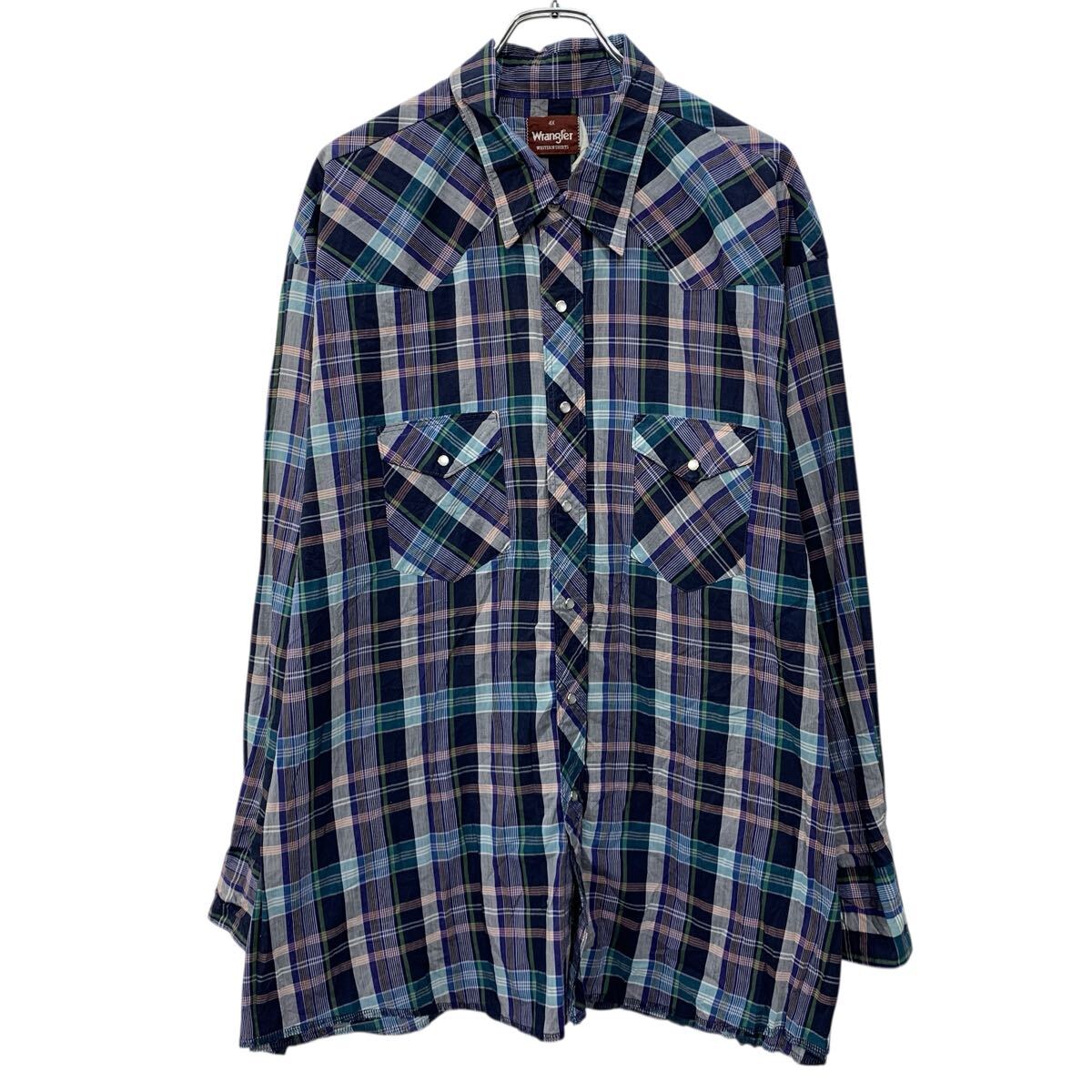 Rakuten - 【中古】【古着】 Wrangler 長袖 チェックシャツ 4X ブルー マルチカラー ラングラー スナップボタン 胸ポケット ウエスタンシャツ 春物 a804-5379