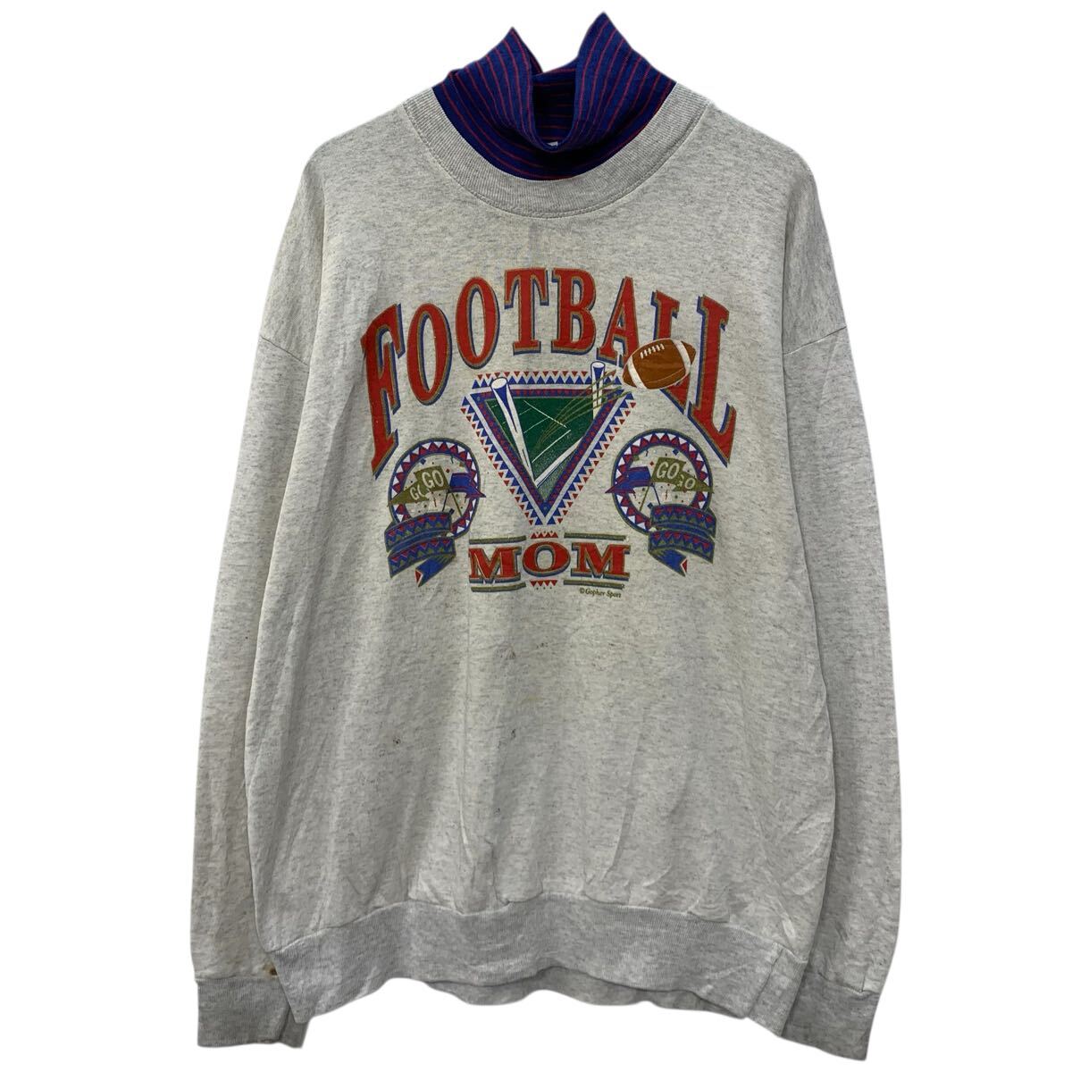  〜90s USA製 Gop her プリントスウェット トレーナー XL グレー プルオーバー 90年代 モックネック ビックプリント 切替 秋物 a804-5418