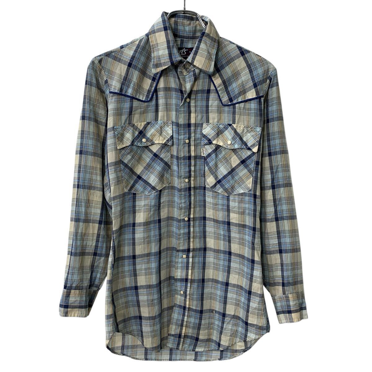 Rakuten - 【中古】【古着】 80s Levi's 長袖 チェックシャツ S ブルー マルチカラー リーバイス スナップボタン チェック柄 80年代 長袖シャツ 春物 a804-5513