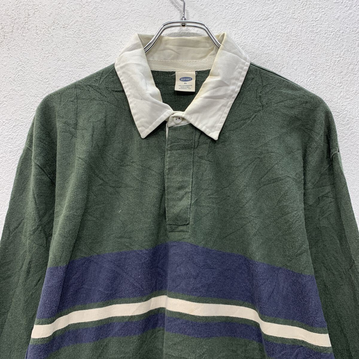 【中古】【古着】 OLDNAVY 長袖 ラガーシャツ XL グリーン オールドネイビー ハーフボタン ライン切替 コットン100% スポーティー 春秋物 a804-5523 2