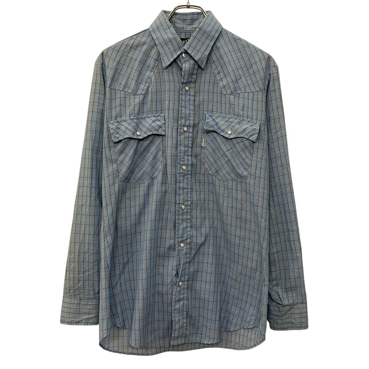 【中古】【古着】 〜80s USA製 Levi's 長袖 チェックシャツ MEDIUM ブルー リーバイス ボタン 襟芯 〜80年代 チェック柄 カジュアル 春物 a804-5573