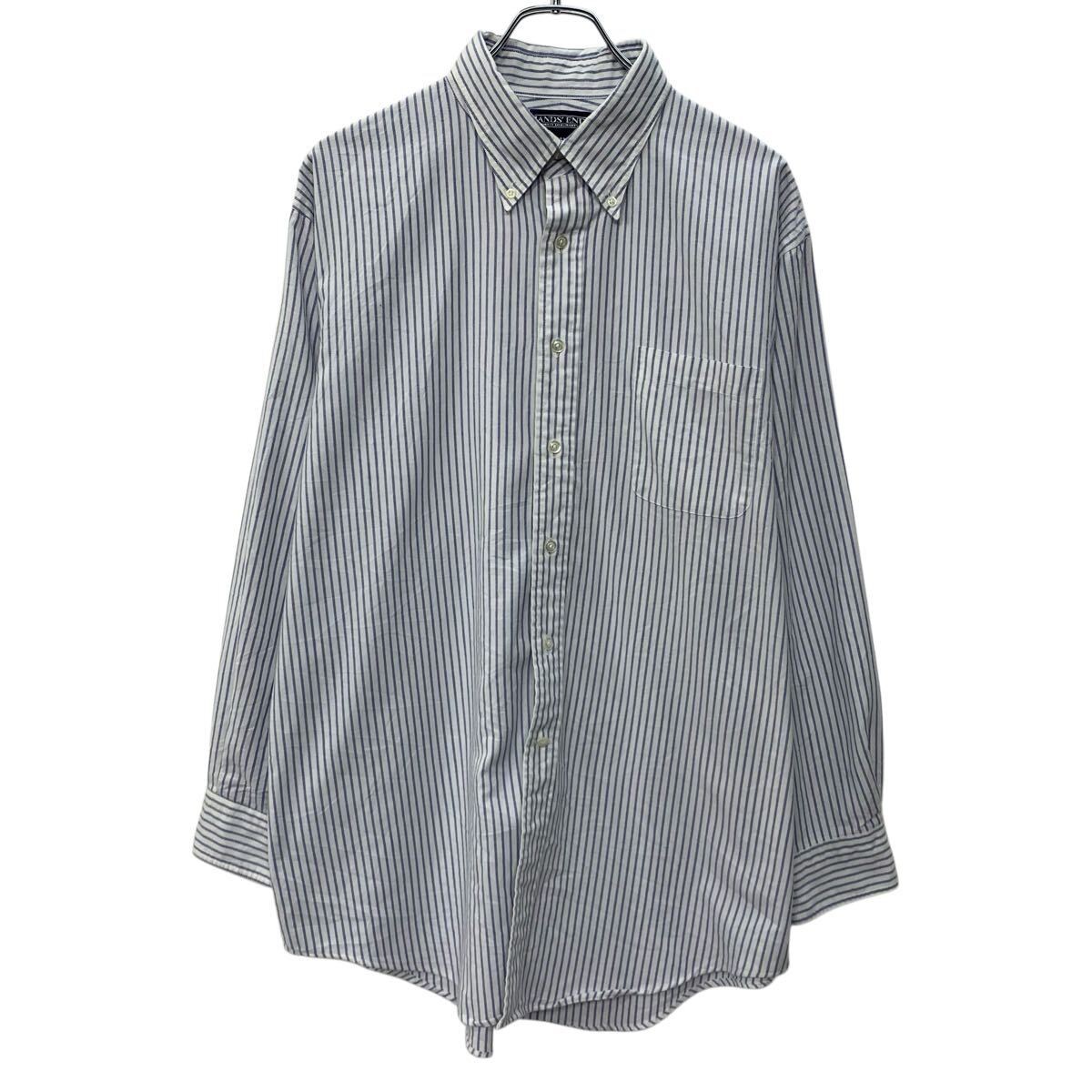 Casual Shirts - 【中古】【古着】 90s LANDS'END 長袖 ストライプシャツ XL ホワイト ブルー ランズエンド ボタンダウン 90年代 ストライプ柄 春秋物 a804-5601