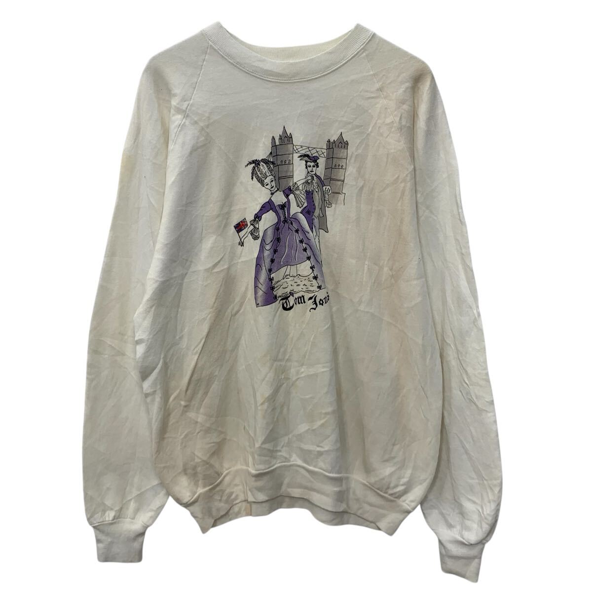 【中古】【古着】 80s USA製 FRUIT OF THE LOOM プリントスウェット トレーナー XL ホワイト フルーツオブザルーム 80年代 裏起毛 ラグラン 秋物 a804-5658