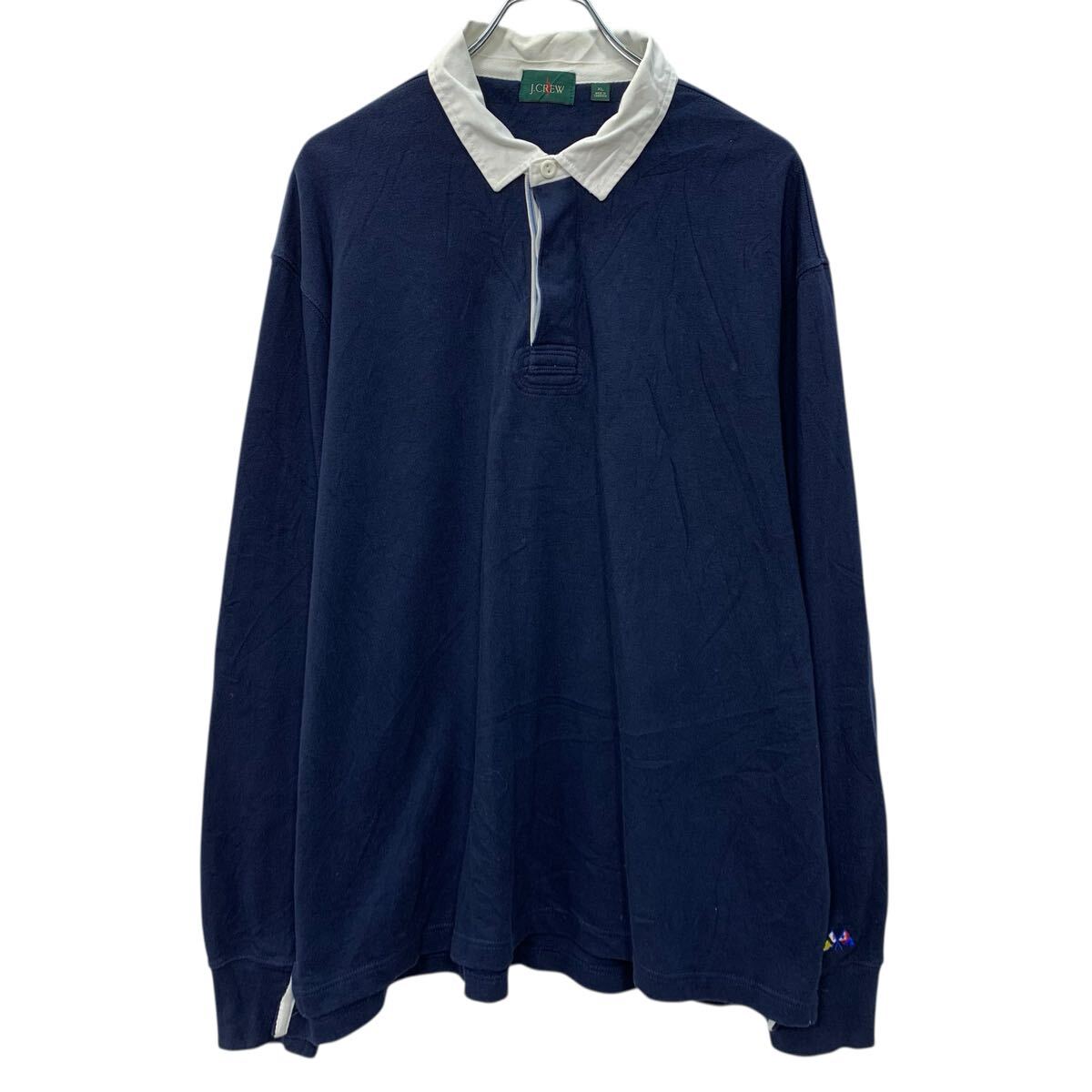 【中古】【古着】 90s〜 J.CREW 長袖 ラガーシャツ XL ネイビー ジェイクルー ハーフボタン 90年代 巨人タグ エルボーパッチ 春秋物 a804-5707