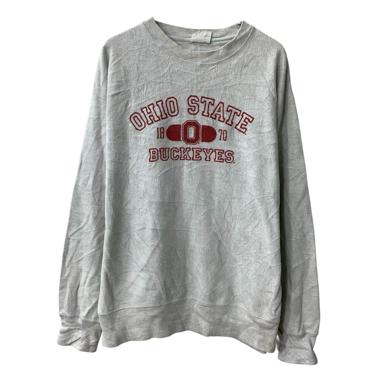 【中古】【古着】 Champion REVERSE WEAVE プリントスウェット トレーナー XL ライトグレー チャンピオン リバースウィーヴ 復刻 秋物 a804-5791