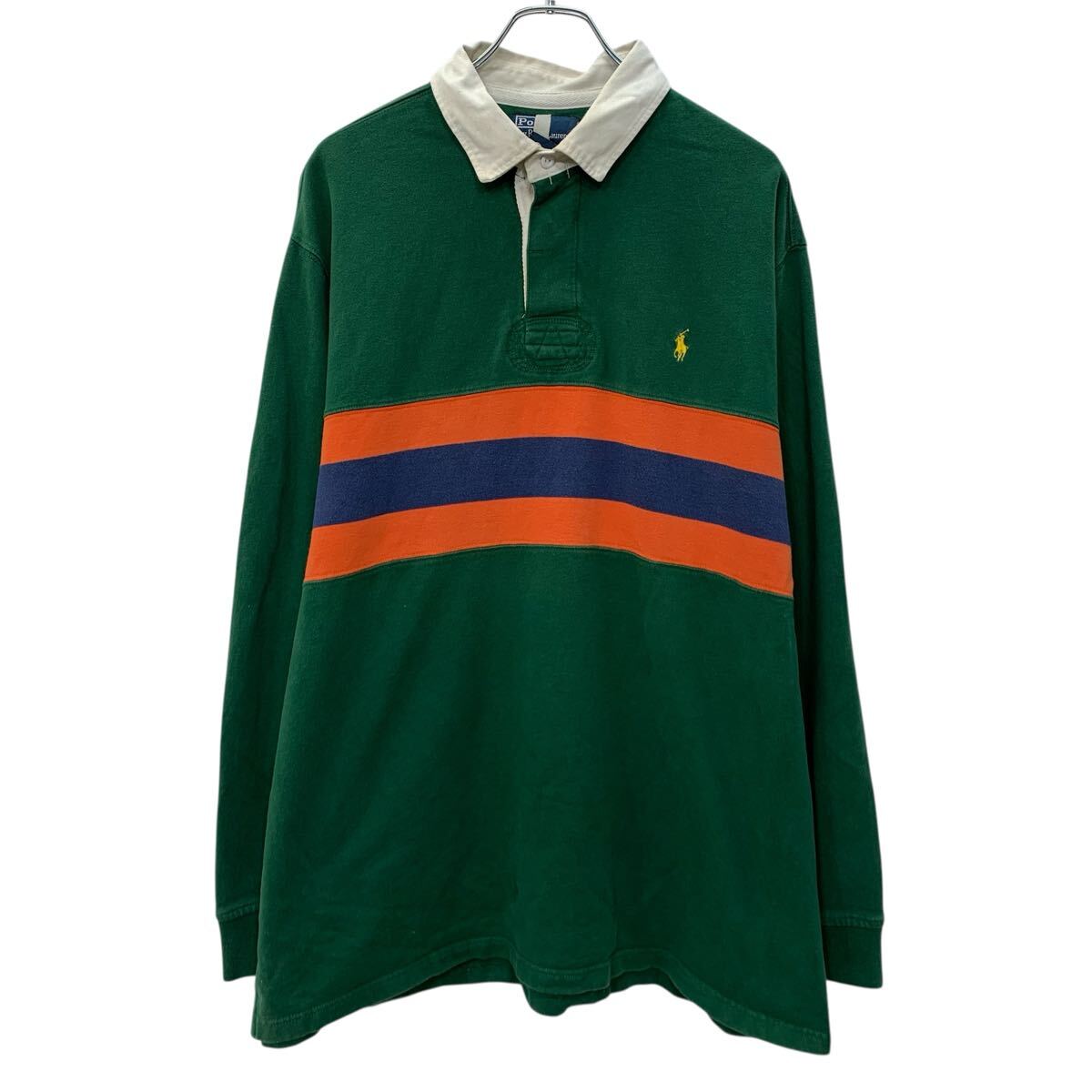 【中古】【古着】 90s Polo by Ralph Lauren 長袖 ラガーシャツ XXL グリーン ポロバイラルフローレン ハーフボタン 90年代 ラガー ラグビー 秋物 a804-5875